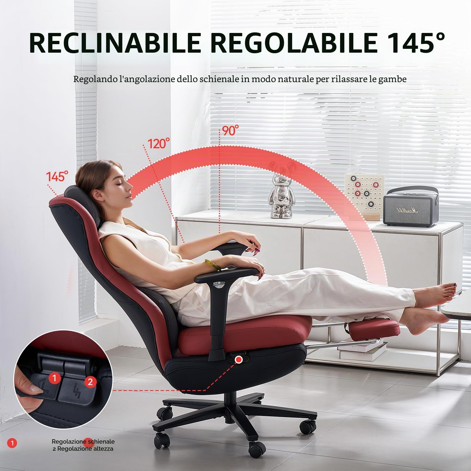 EMIAH Sedia da Ufficio Ergonomica, Sedia da Scrivania Reclinabile con Poggiapiedi, Braccioli Regolabili, Sedia da Gioco con Schienale Alto, Sedia Direzionale con Supporto Lombare, Pelle PU (Rosso)