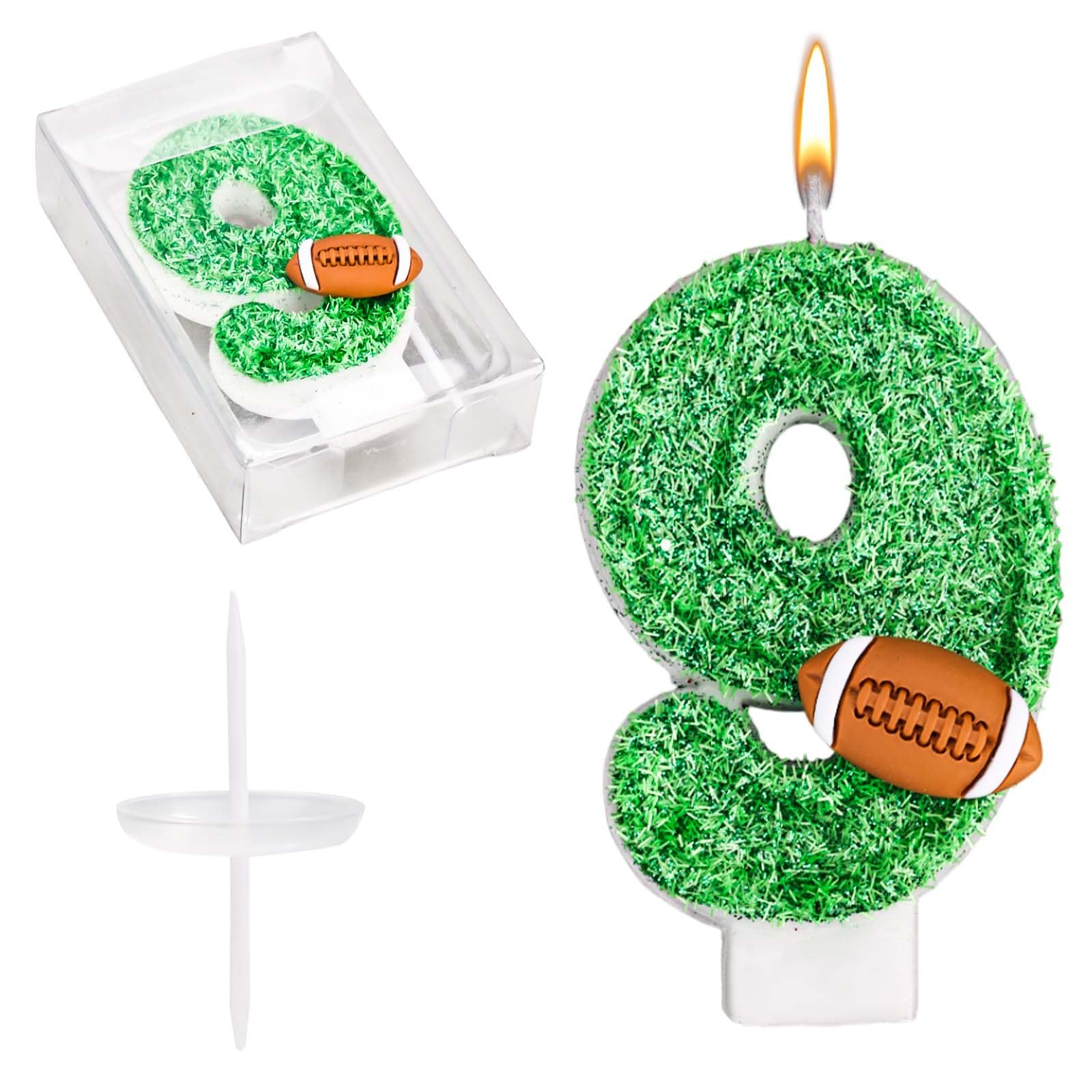 Football Number Candles, Green Birthday Candles with Football Ornament Artificial Turf Cake Topper for Boys Girls Anniversary Party Decoration
