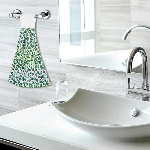Miniatura 2 de Toalla de mano absorbente con estampado de leopardo verde para el hogar, toalla decorativa con gancho para baño, toalla de microfibra suave y