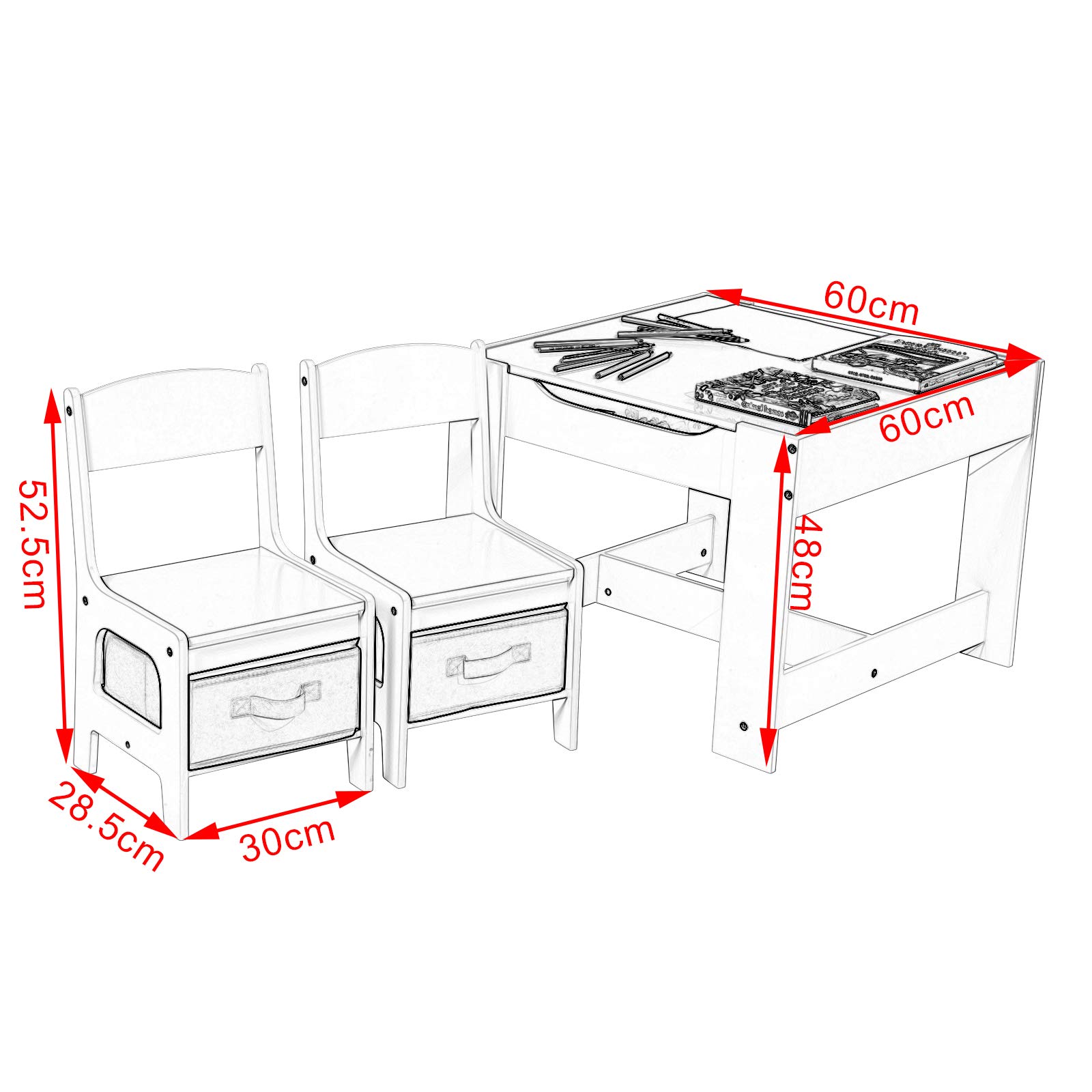 eSituro Children Table and Chair Sets Wooden Kids Playing Desk with 2 Chairs with 3 Storage