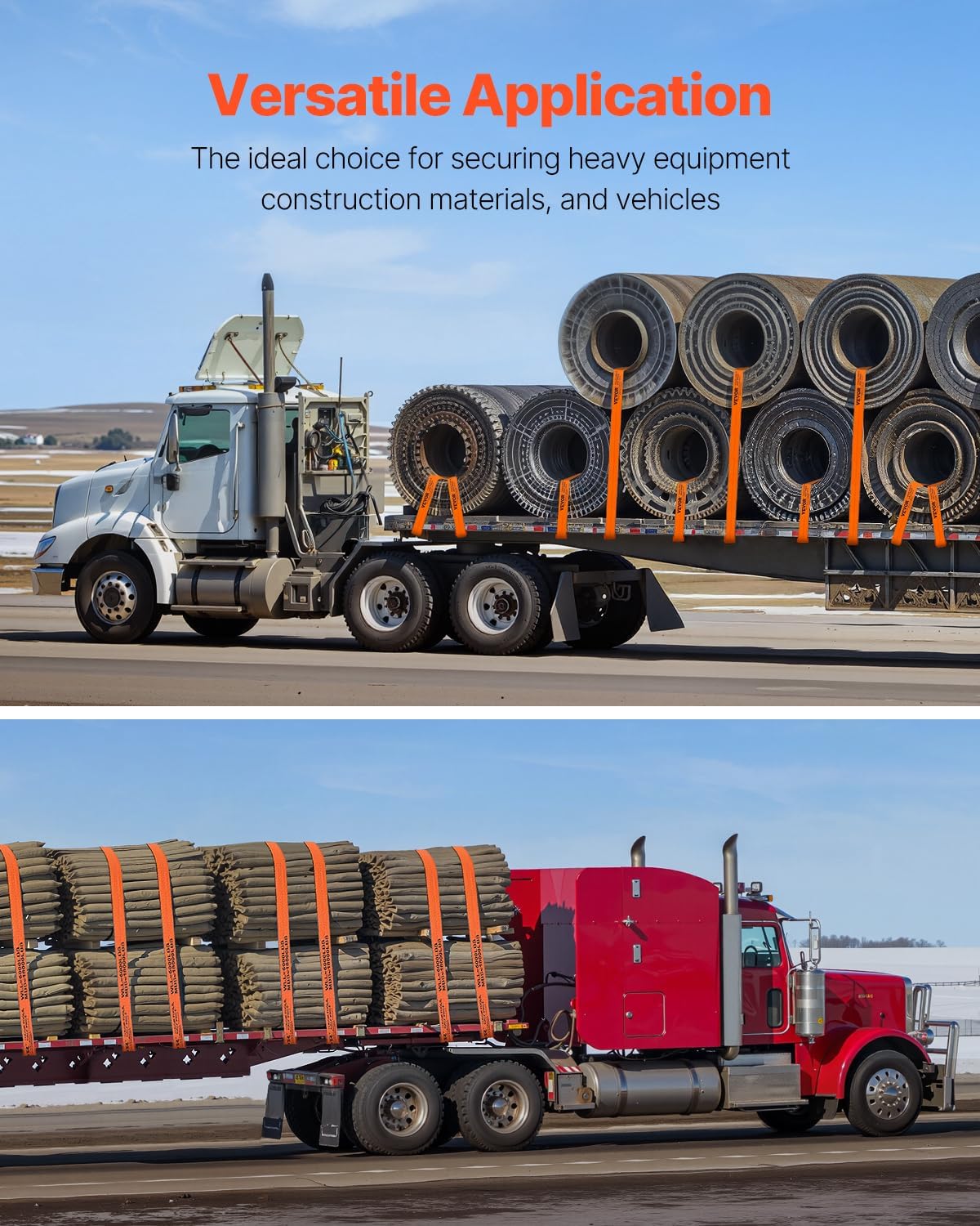 VEVOR Truck Straps, 4" x30' Heavy Duty Tie Down w/Flat Hooks 18,000lbs Break Strength, WLL# 6000lbs, Cargo Straps tie Down for Flatbeds, Trucks, Trailers, Farms, Rescues, Tree Saver, Orange(10 Pack) - Image 6