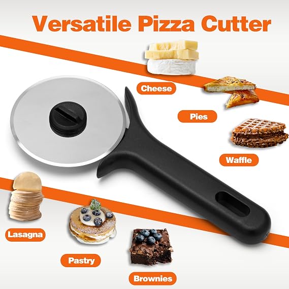 TJ POP Pizza Cutter 2 Pcs, Stainless Steel Pizza Cutter Wheel, Super Sharp Pizza Slicer, Easy to Cut & Clean, Dishwasher Safe Pizza Wheel-Black