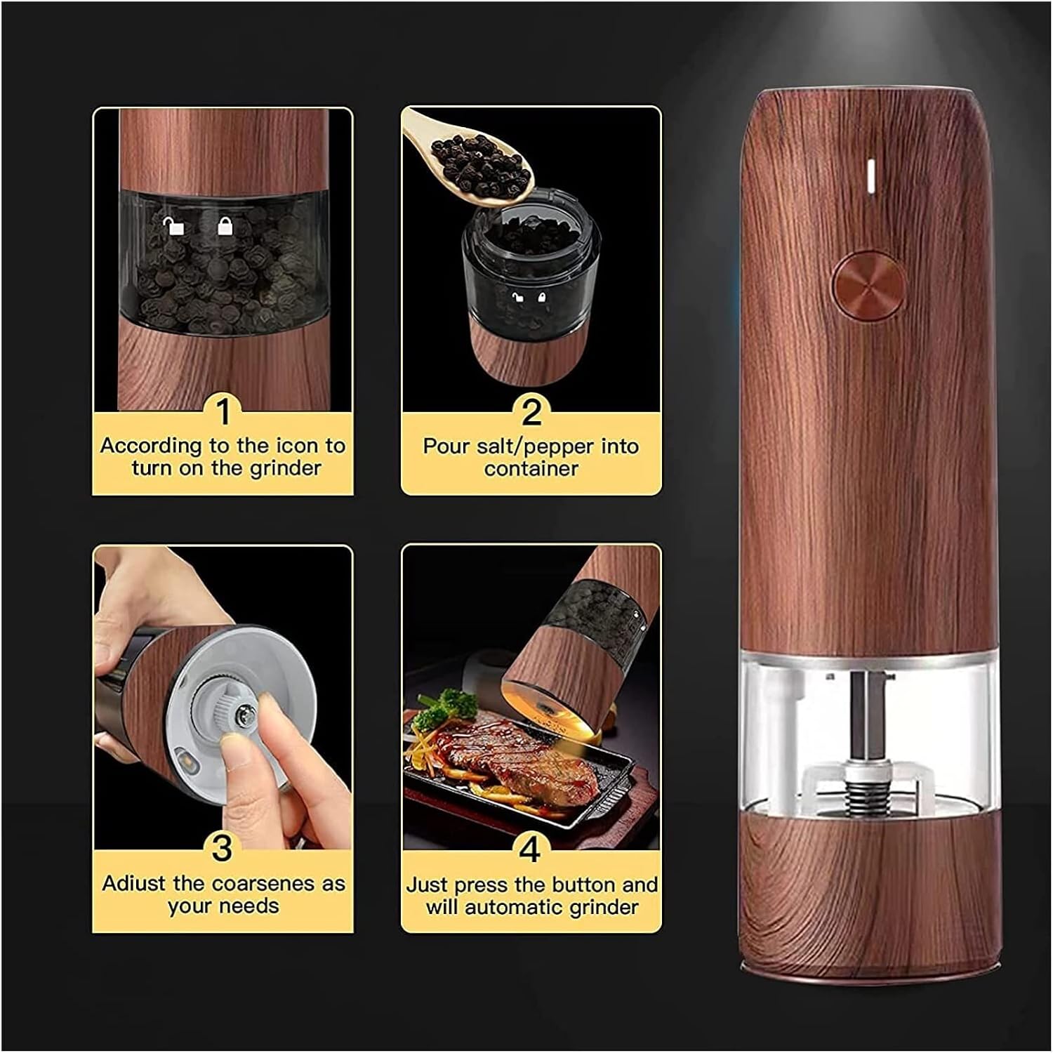 ペッパーミル LEDライト付き充電式ペッパーミル、USB電源片手プッシュボタンペッパーコーングラインダー ペッパーミル ソルト