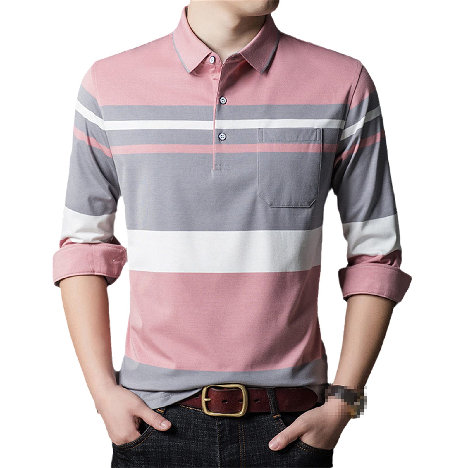 Modisch gestreiftes Poloshirt für Herren, Baumwolle, lässig, langärmelig, Oberteile, Herren Kleidung T-Shirt, rose, XL