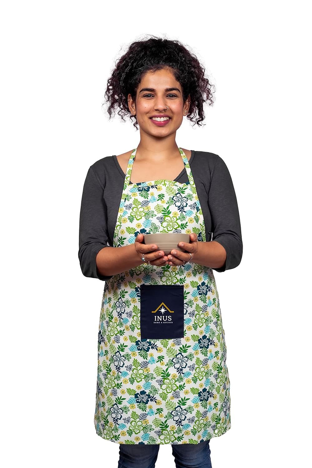 INUS Smart Apron Flame Retardant, Stain-Free, and Stylish - Your Ultimate Companion for Fun and Stress-Free Cooking Explore our Range for Hygienic and Protective Kitchen Adventures - Floral Green