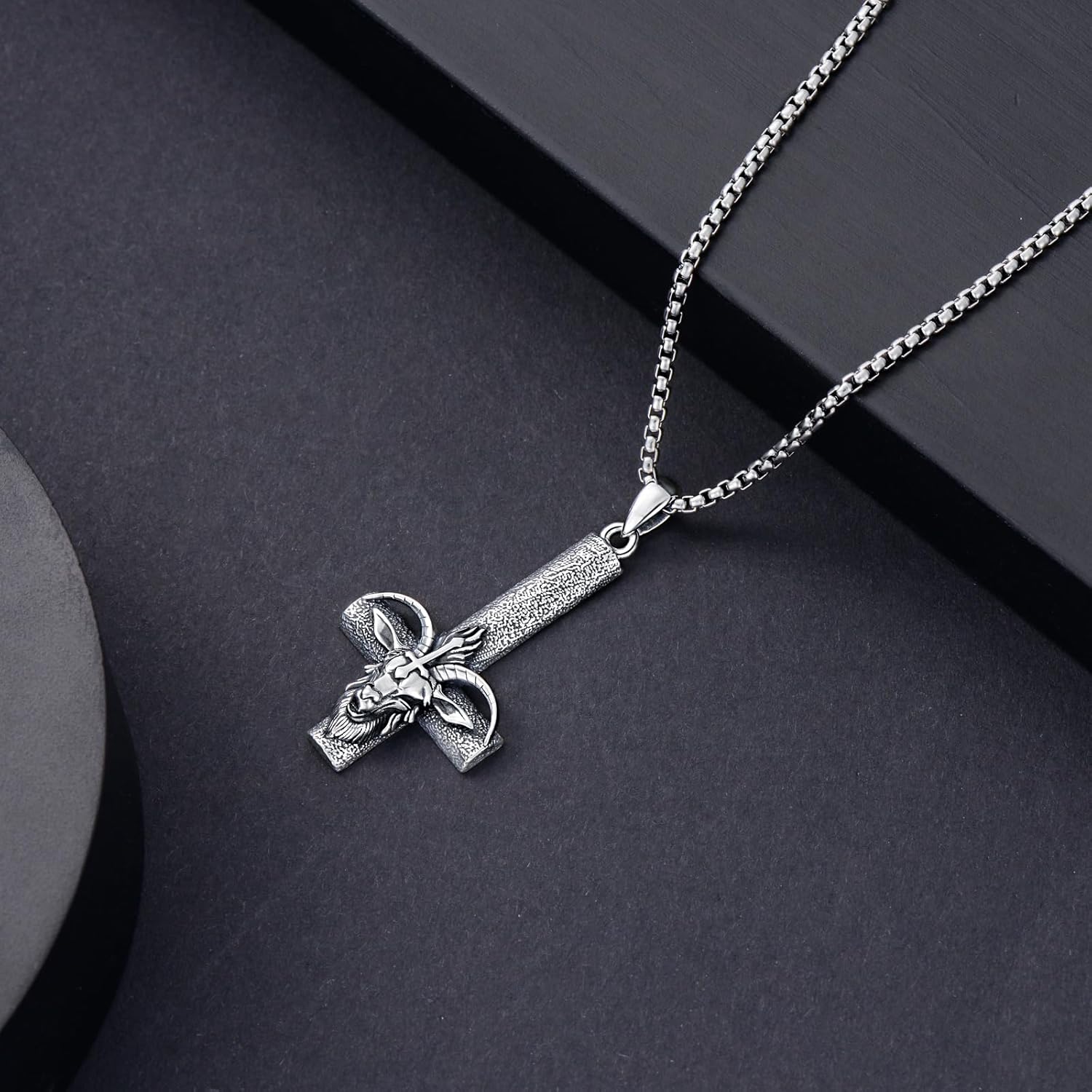 Satanic Necklace 925 Sterling Silver Baphomet Goat Head Upside Down Cross Pendant Satan Pendant Inverted Cross Satanic Jewelry Gifts for Men Women - Image 4