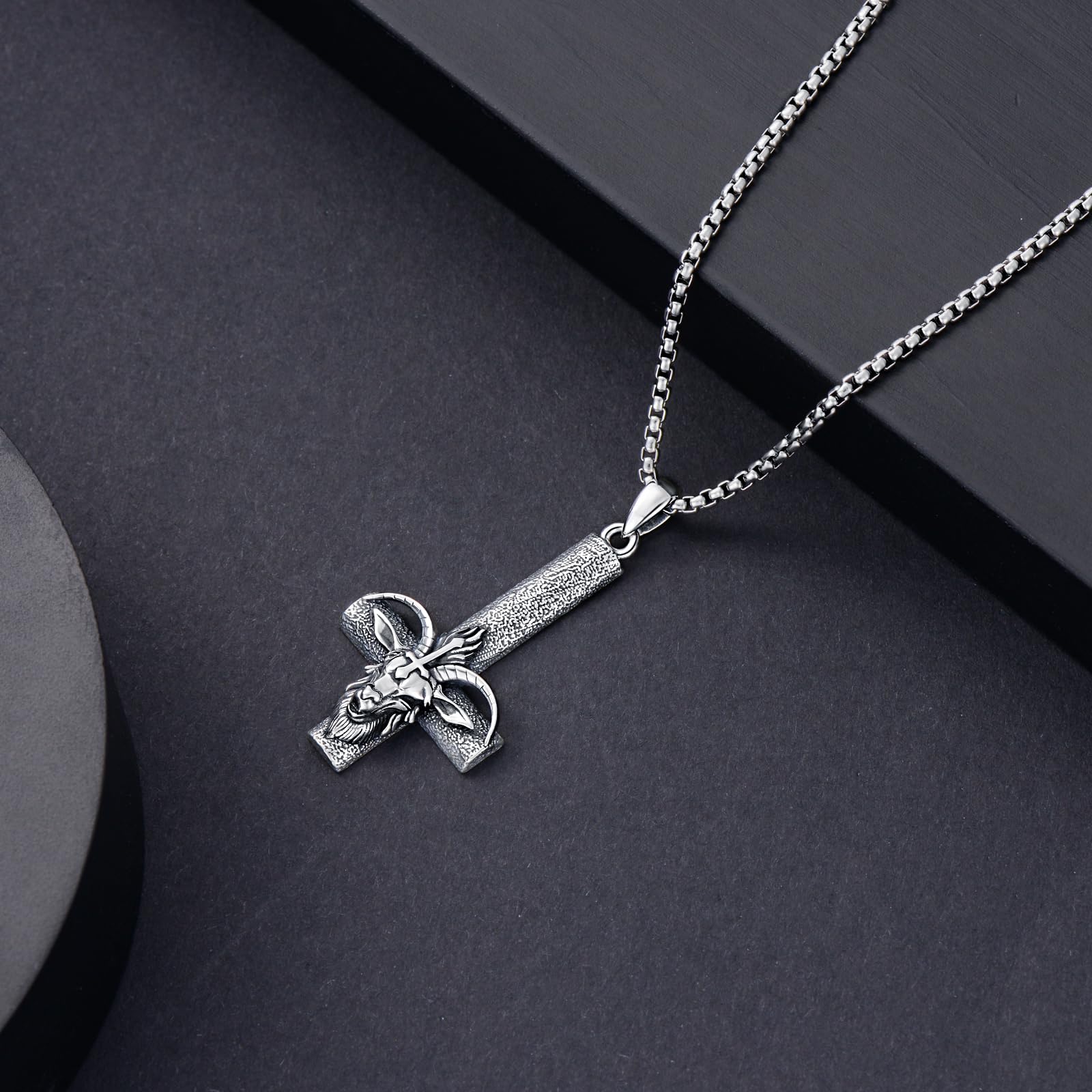 ROMANTICWORK Satanische Kette 925 Sterling Silber Baphomet Ziegenkopf Umgedrehter Kreuz Anhänger Satan Satanischer Schmuck Geschenke für Damen Herren