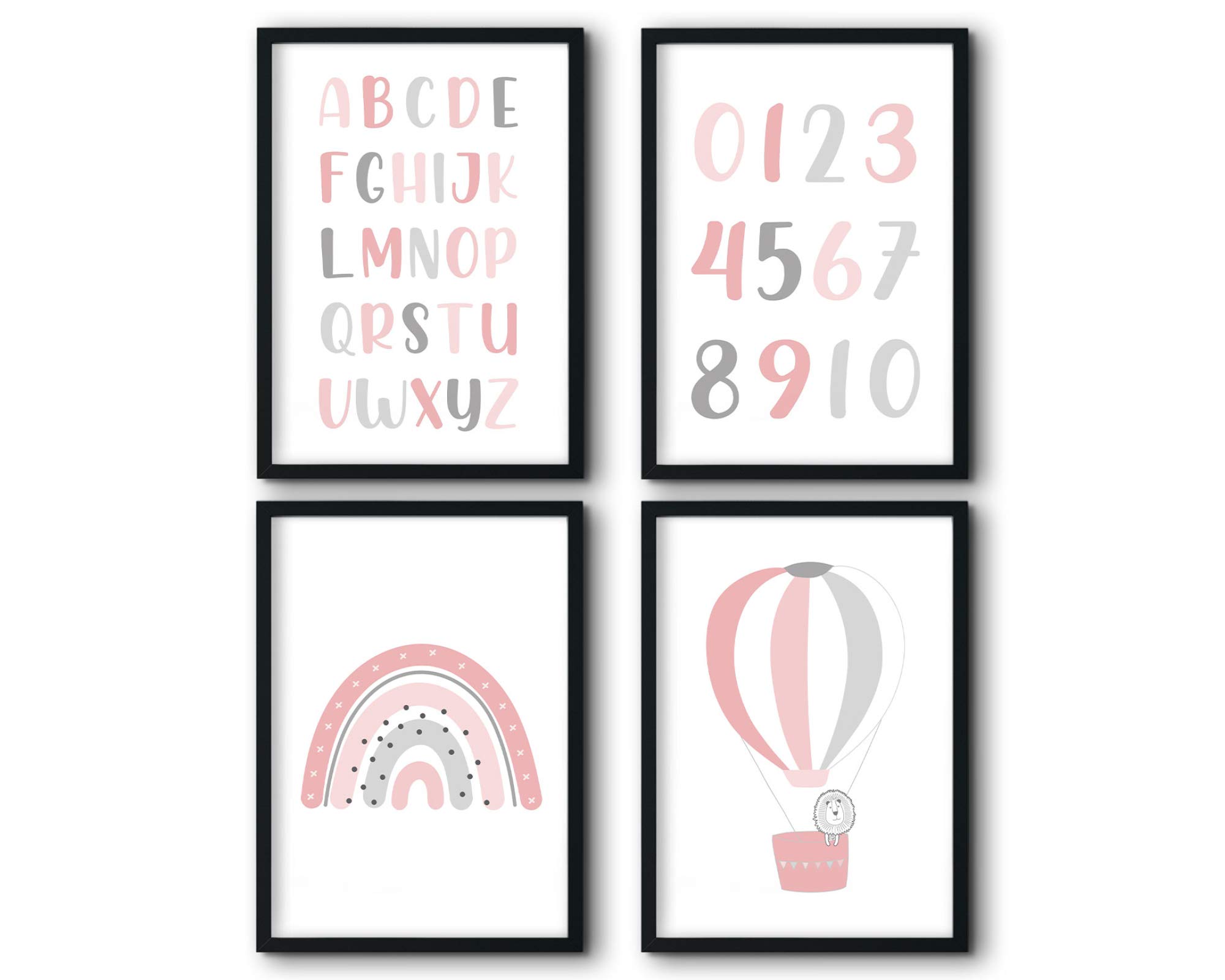 Lot de 4 posters décoratifs pour chambre d'enfant - Pour chambre de bébé garçon et fille - 4 images encadrées dans un cadre noir en bois - 4 x DIN A4 - « Alphabet Rose »