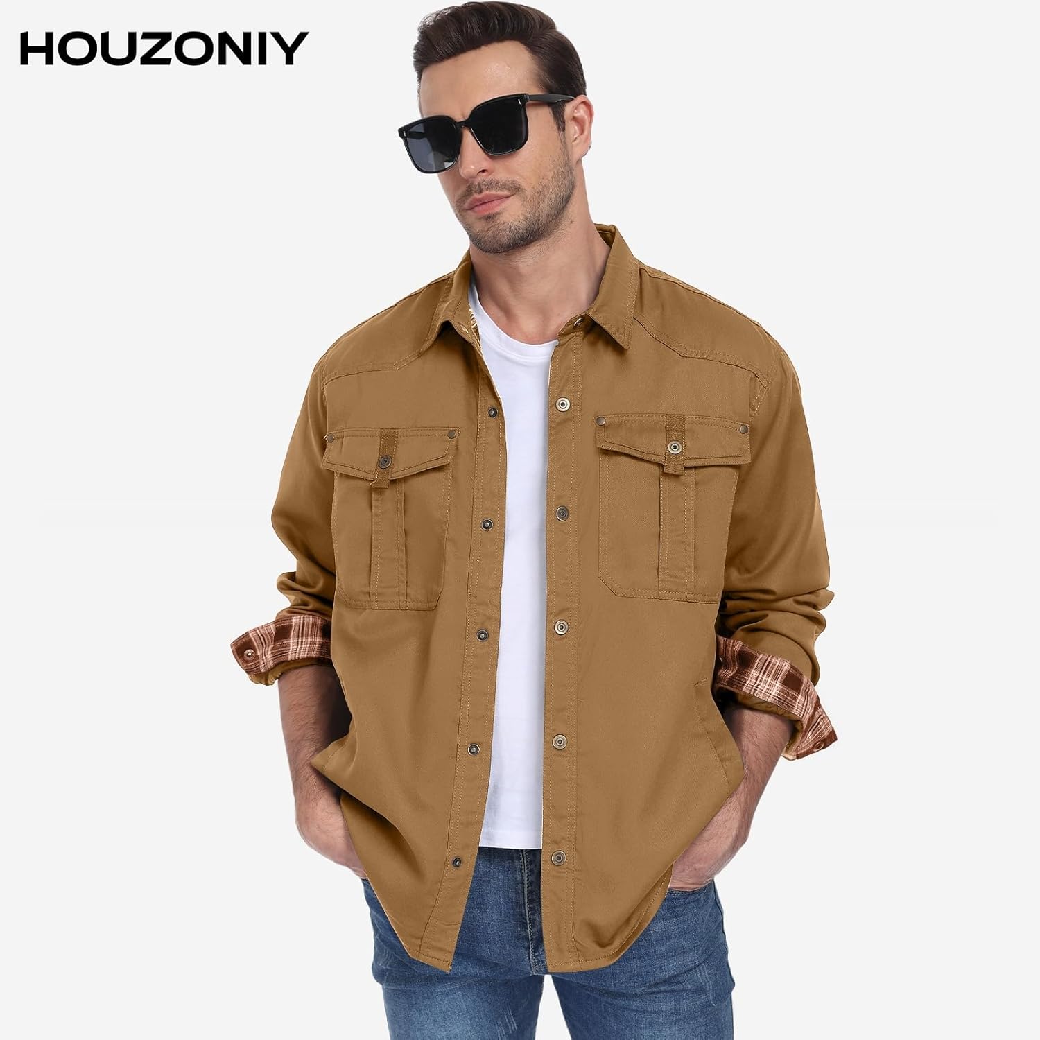 HOUZONIY Men's Lightweight Flannel Jackets Shirt Lined Button Snap Shirts Long Sleeve Fall Outdoor Jacket with Pockets - Image 2