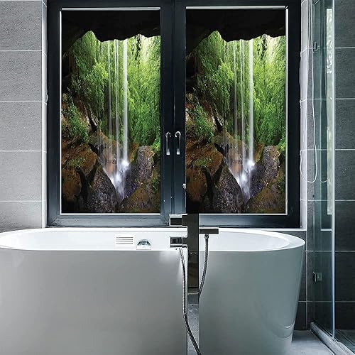 Vista 76 de Tropic - Película 3D para ventana, palmeras tropicales oceánicas en isla soleada, imagen panorámica, para puerta de cristal, baño, sala de estar