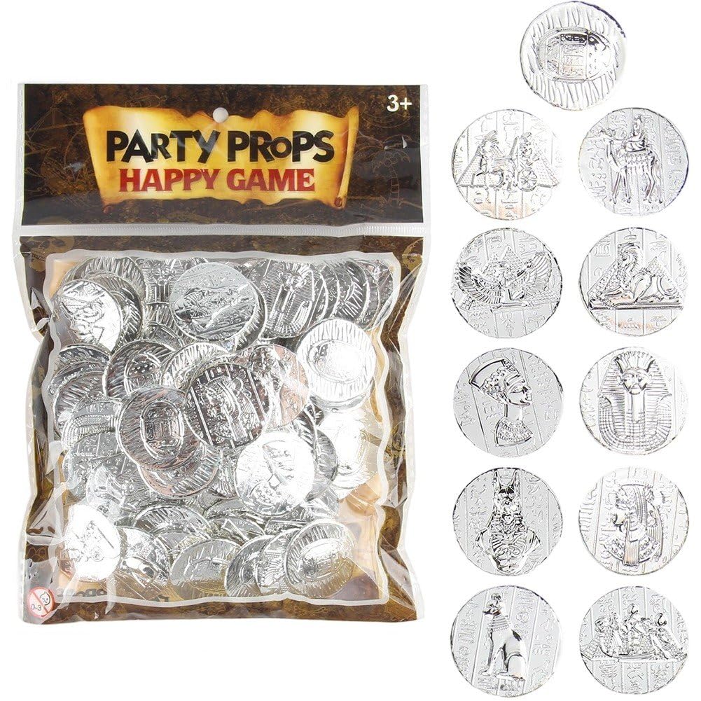 Baokuan Silver 100 Pcs Pirate Coins For Kids, Egyptian Theme Game Coin Set, Coins Toys Fake Coins For Pirate Adventure Themed Event Birthday Party Props