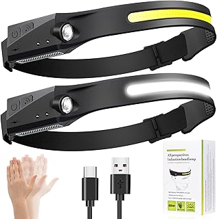 Headlamp Flashlight, led headlamp rechargeable High Lumens COB 230°Wide Beam Headlight with Motion Sensor Bright 5 Modes Lightweight Waterproof Head Lamp for Outdoor Running, Camping Hiking (2 pack)