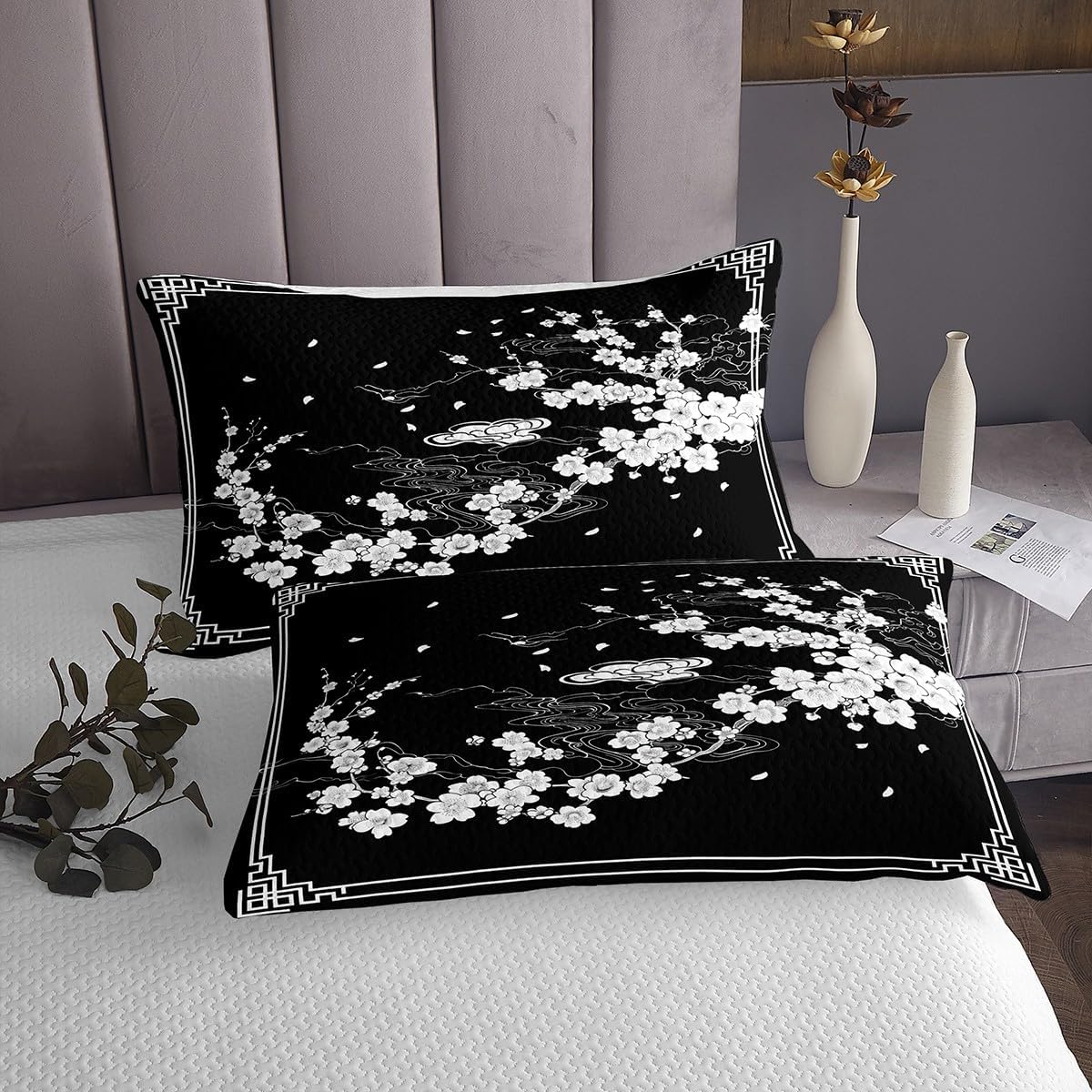 Erosebridal Cherry Blossom Quilt Set King Size for Kids Teens Adults,Japanese Style Coverlet Set,Watercolor White Floral Bedspread Set,Elegant Flower Bed Cover Bedroom Decor