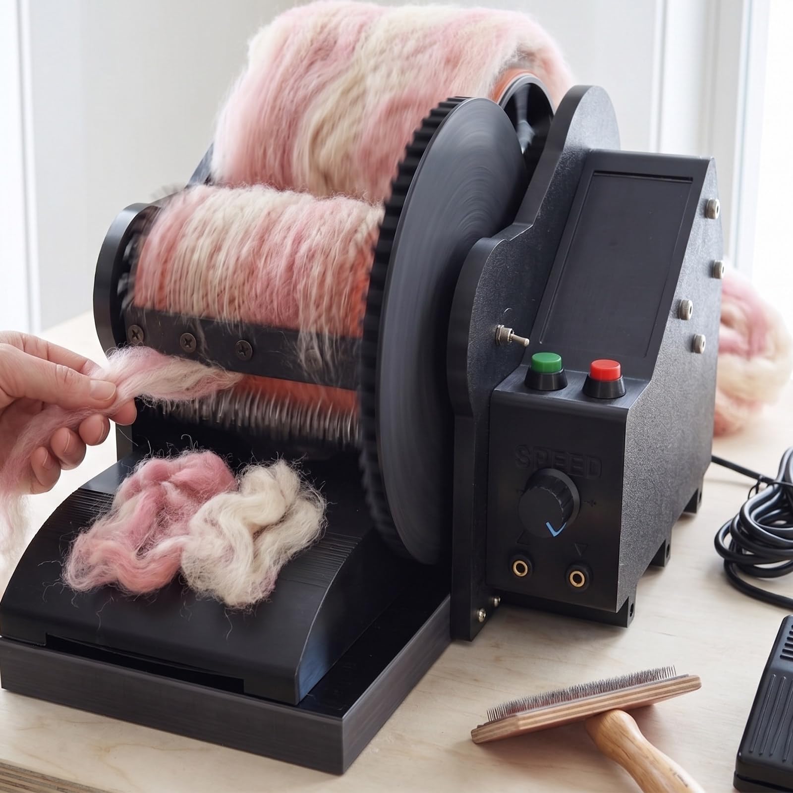 MiyKom Fiber Roller Combing Machine for Wool Felt Paintings, 56 RPM Variable Speed Fiber Blending Machine, Dual Roller Combing Tool with Foot Pedals for Processing Yarn Fabric Plush Making Arts