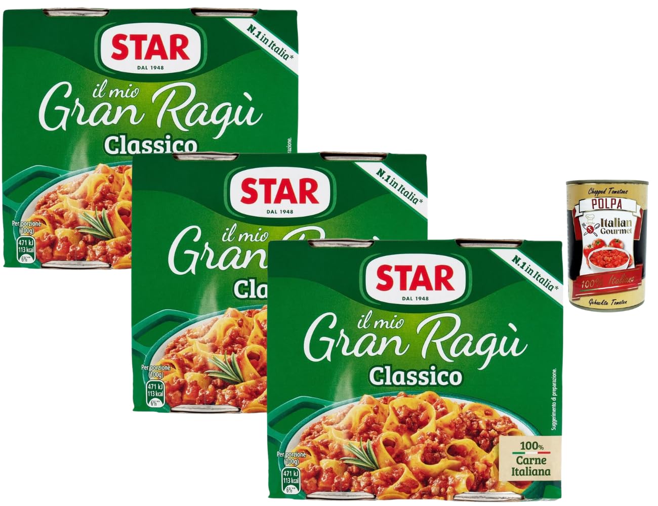 Star Il mio Gran Ragù Classico italienische Fleischsauce 3 x 2 x 180 g (6 Portionen) fertige Bolognese für Pasta 100% Fleisch aus Italien ohne Konservierungsstoffe + Italian Gourmet polpa