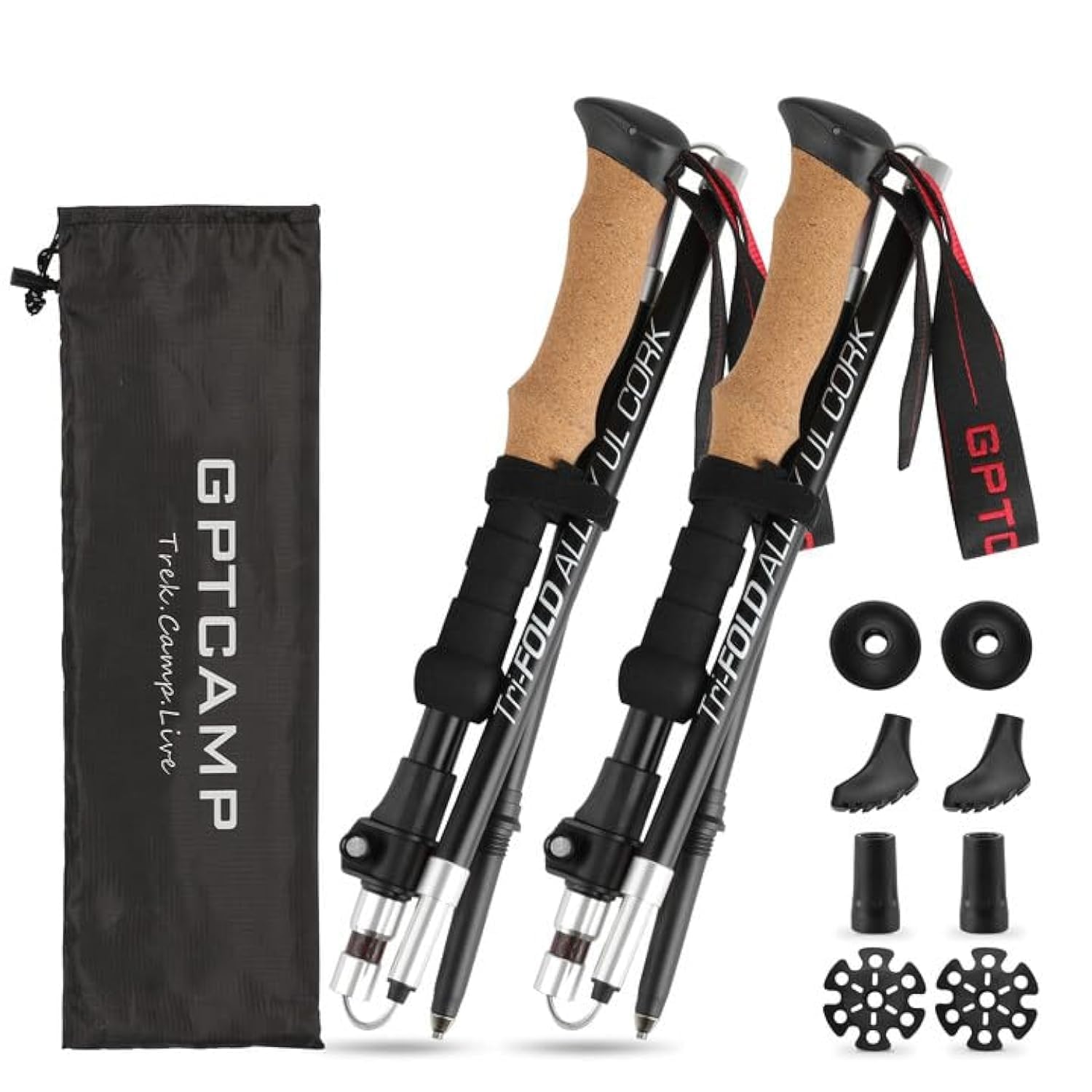 GPTCAMP Nordic Walking Stick, TPZ-1, 2pc Folding Collapsible Hiking Poles with Metal Quick Lock, Cork Handle, Lightweight 7075 Aluminum Trekking Poles for Seniors Women Men Hiking Gear