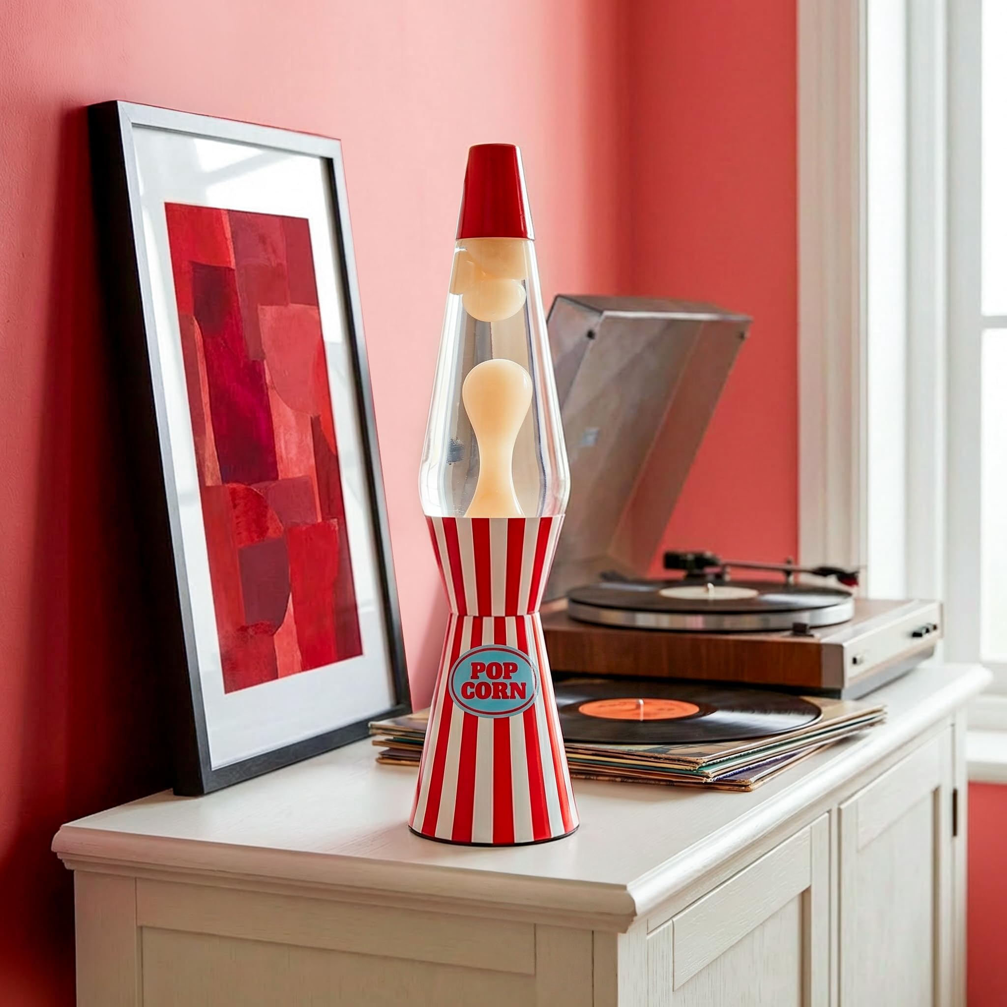 Fisura – Lampe à lave décorative “Pop corn”. Lampe relaxante au design original pour maison ou bureau, base à rayures et lave blanche, ampoule de rechange incluse, 11 x 11 x 40 cm