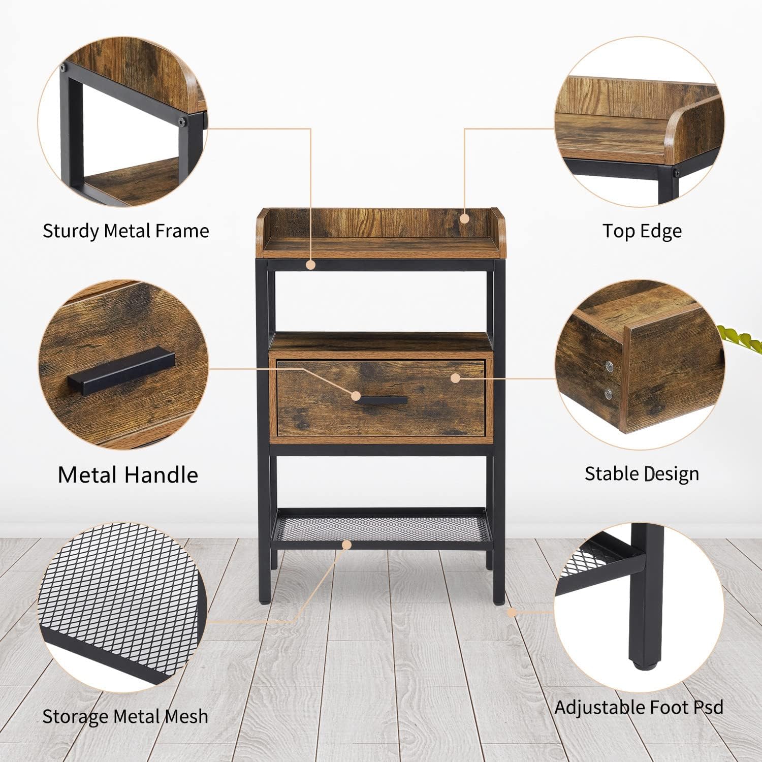 Mesa Auxiliar De 3 Niveles En Metal Y Madera, Estilo Industrial | Mesita Noche O De Salón, Color Marrón Y Negro, Fácil Montaje