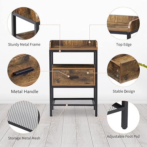 Miniatura 14 de Juego de 2 mesitas de noche, mesa auxiliar de 3 niveles con cajón y estante de almacenamiento, mesita de noche industrial con patas ajustables,
