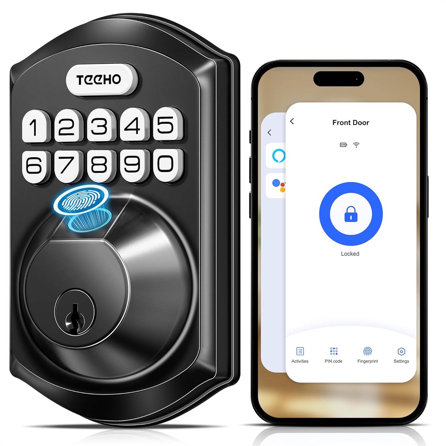 TEEHO WiFi Smart Lock TE012W, Fingerprint Door Lock with Built-in Wi-Fi, Keyless Entry Keypad Deadbolt, App & Remote Control, Alexa Compatible, IP55 Waterproof for Front Door – Jet Black