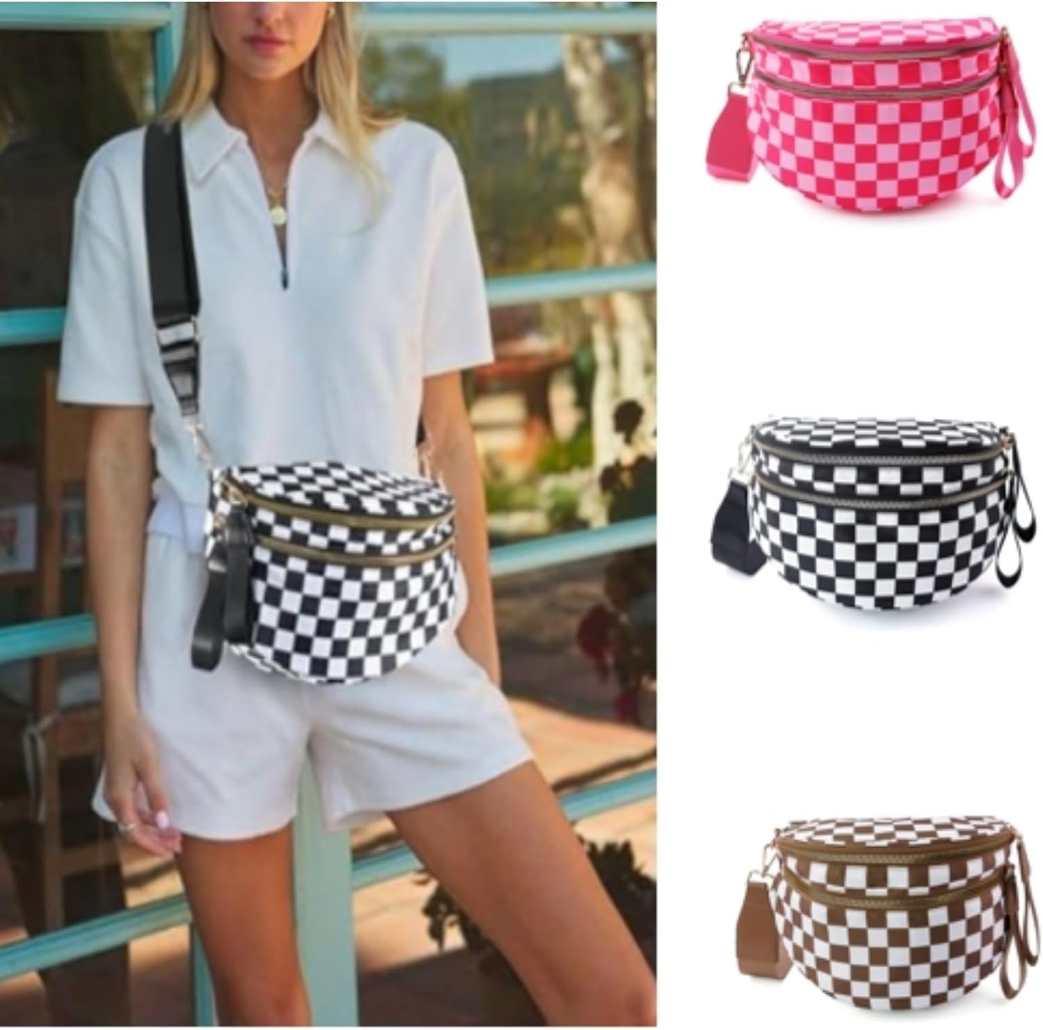 Emmafy GoFree - The Roomiest Crossbody Purse for Women, Checkered Nylon Bag, Travel Hobo & Bum Bag, Lightweight & Spacious