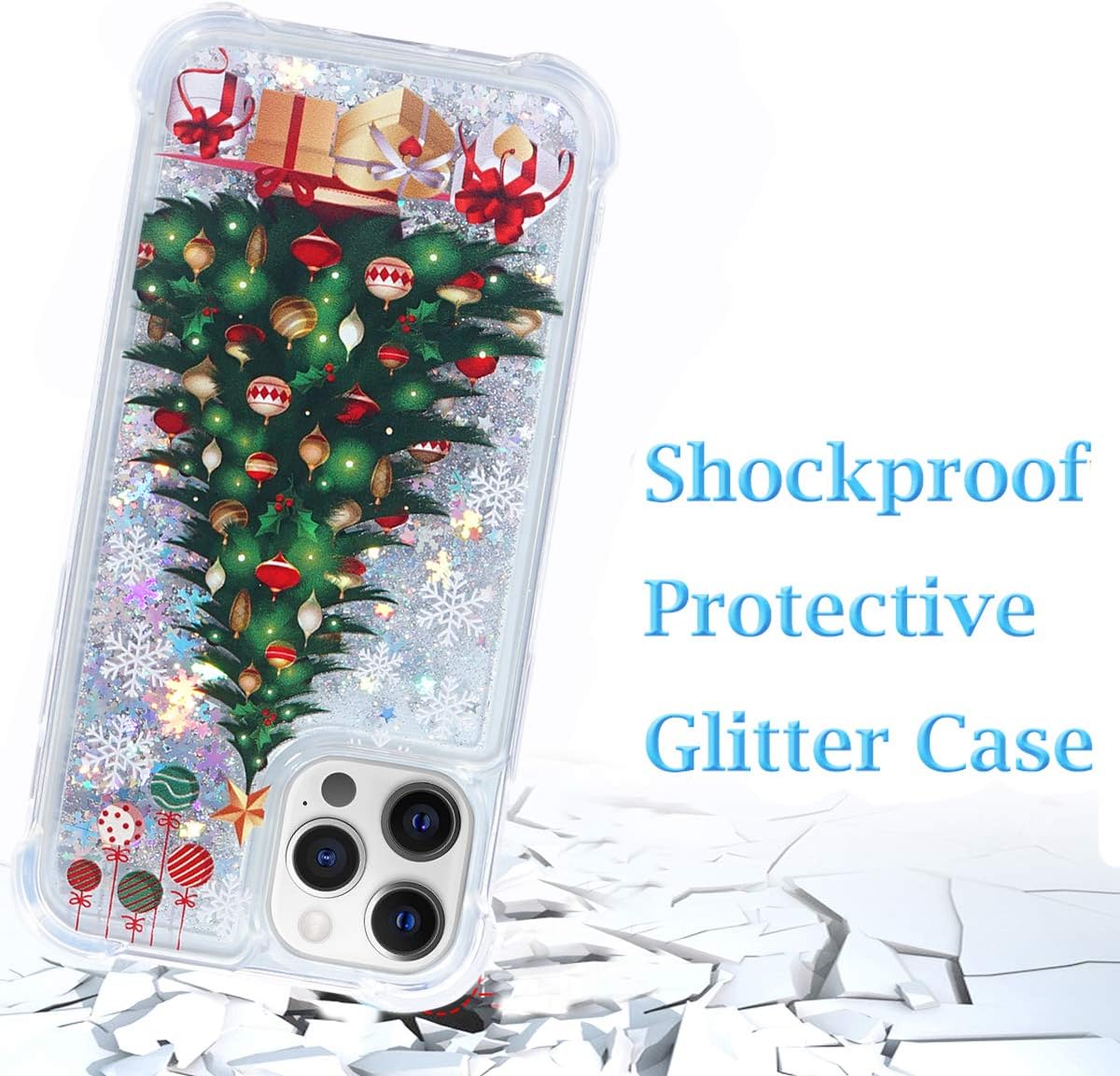 FLOCUTE Glitter Case Compatible with iPhone 12 Glitter Holiday Case Clear Bling Sparkle Floating Liquid Soft TPU Bumper Luxury Girly Cute Phone Case Replacement for iPhone 12/12 Pro (Christmas Tree)