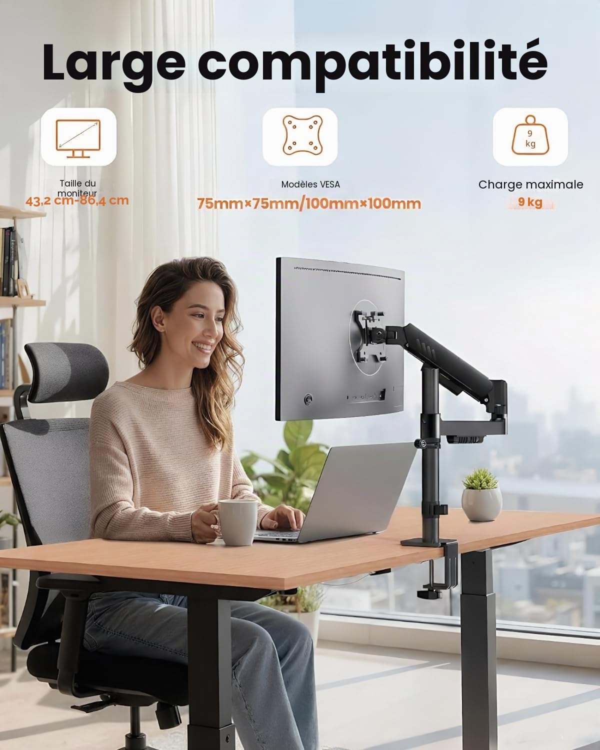 ErGear Support Ecran PC Réglable 13-34 Pouces 9 kg VESA 75x75/100x100 mm Noir