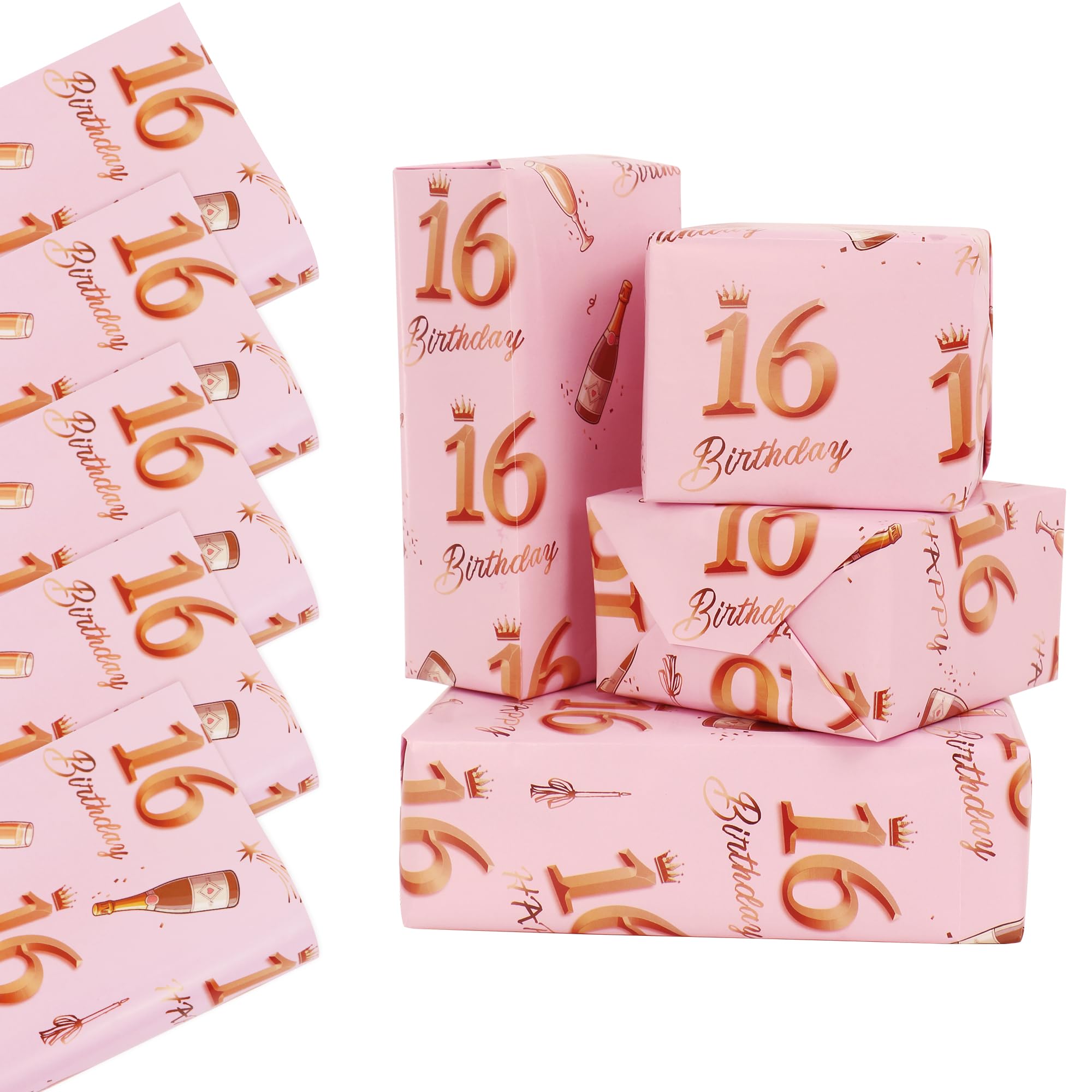 16th Birthday Wrapping Paper, 5 Sheets 70x50cm Rose Gold Pink Happy Birthdays Gift Wrap Paper for Girls Women, 16th Birthday Decorations - Recyclable