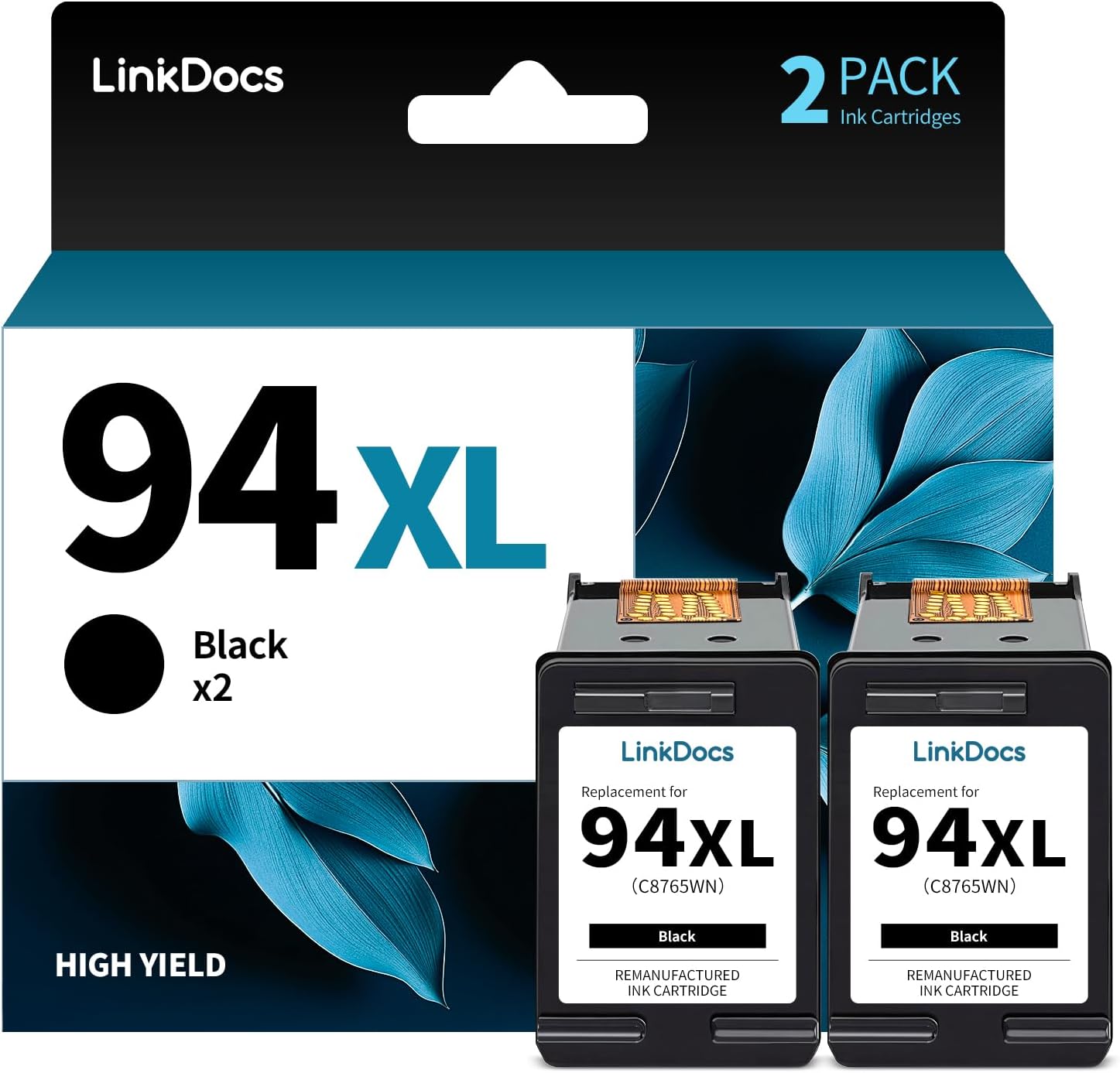 LinkDocs 94 Ink Cartridge Remanufactured Replacement for HP 94 Black Ink Cartridge Compatible with Officejet 150 100 H470, Deskjet 460, PSC 1610 2355 Printer (94XL Black C8765WN, 2 Black)