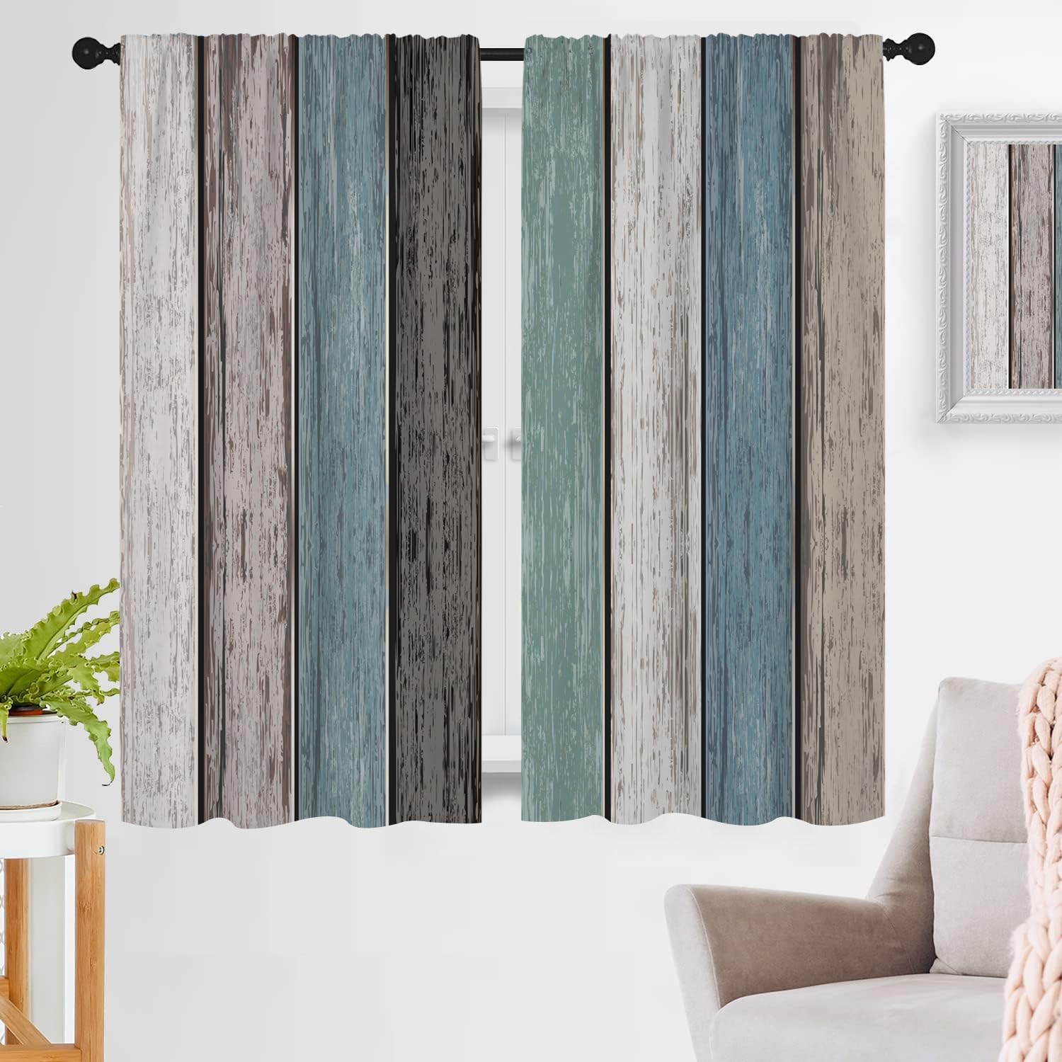 zokyer Teal and Brown Window Curtain Auqu Turquoise Green Wood Barn Door Cabin Farmhouse Country Western 42" W x 63" L for Living Room Bedroom Bathroom Set of 2 Panels Rod Pocket Drapes