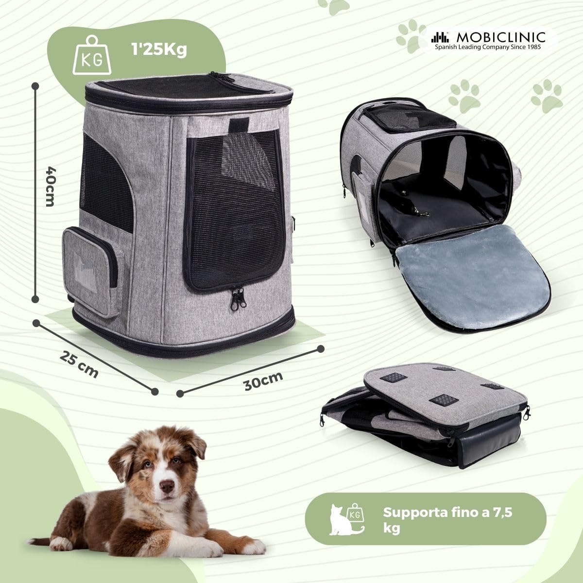 Mobiclinic® pets, Zaino per animali domestici, Thor, Pieghevole, Finestra a rete, Tasche accessori, Accesso multiplo, Doppia maniglia, 30x25x40 cm, Trasportino cani e gatti