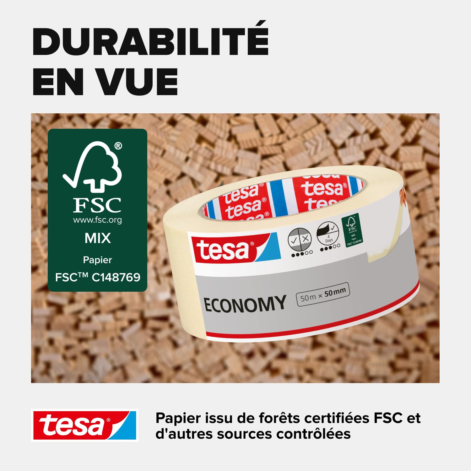 Tesa Masquer CLASSIC écologique Ruban Adhésif en lot de 4 - Adhésif de Masquage pour Travaux de Peinture - Sans Solvant, Détachable sans Résidus - 6 Rouleaux de 50 m x 50 mm