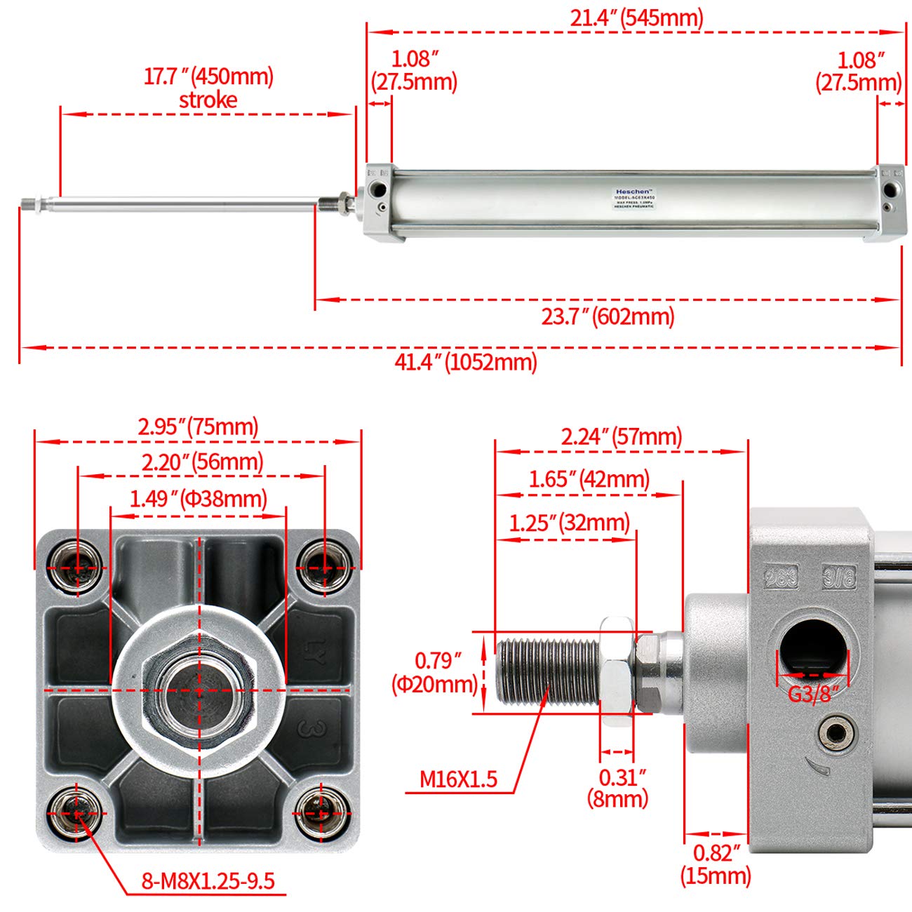 Heschen Cilindro neumático estándar, SC 63-450, PT3/8'' Puerto, 63mm diámetro, 450mm Carrera, Doble Efecto