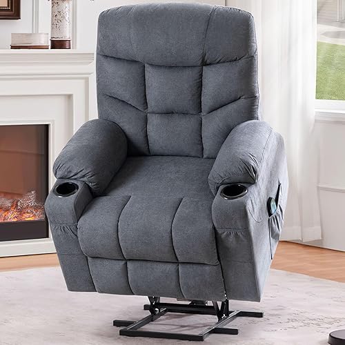 Esright Power Lift Recliner for Elderly, Electric Lift Chair with Heated Vibration Massage,Heavy Duty Electric Recliner with Side Pockets, USB Charge Port & Cup Holders, Blue Grey