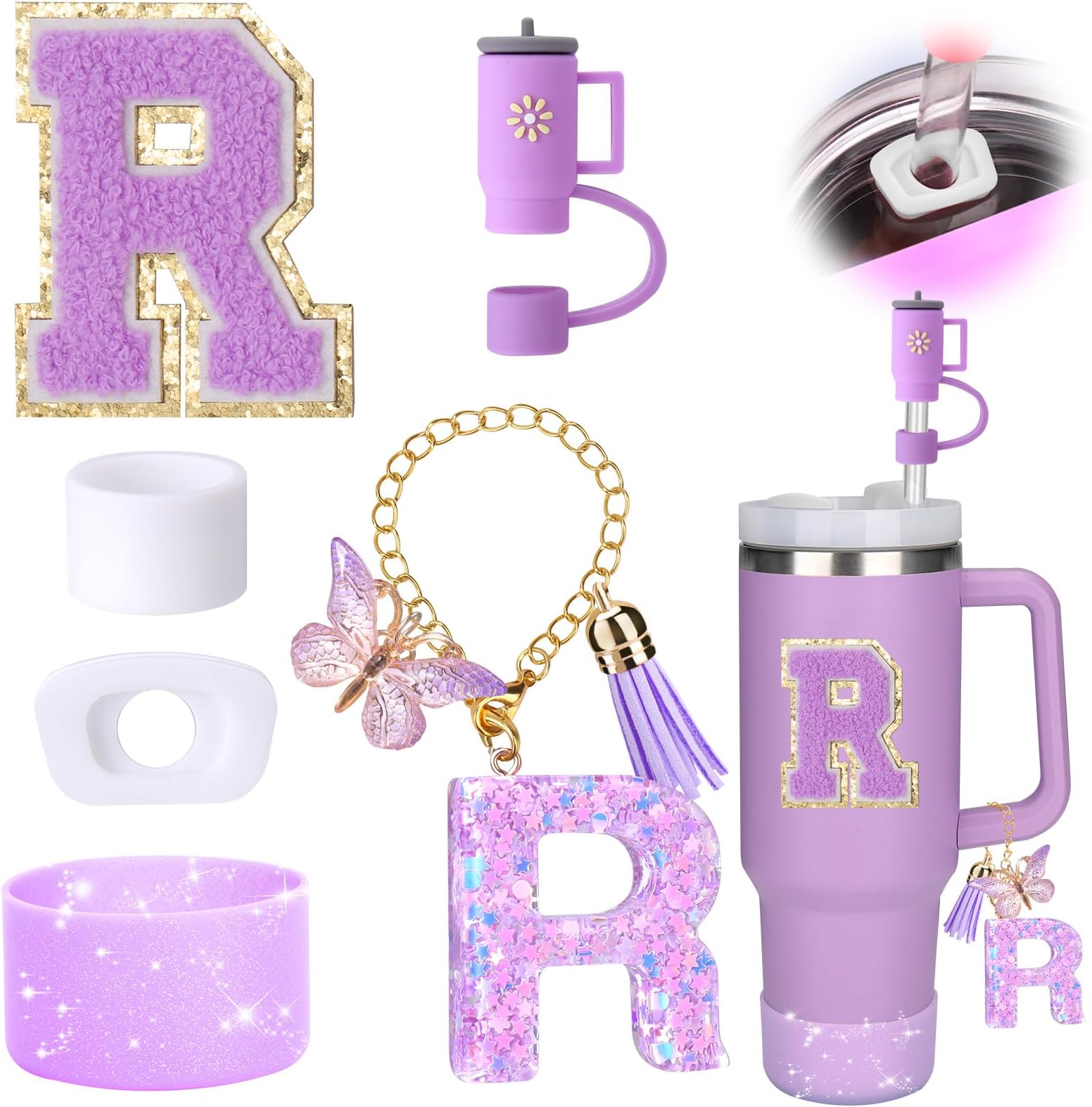 Mity rain 6PCS Cup Accessories Set for Stanley Cup 30oz 40oz tumbler with handle, Including Silicone Straw Topper Cover Cap and Boot, Spill Proof Stopper, Handle Charm, Initials Sticker (Letter R)