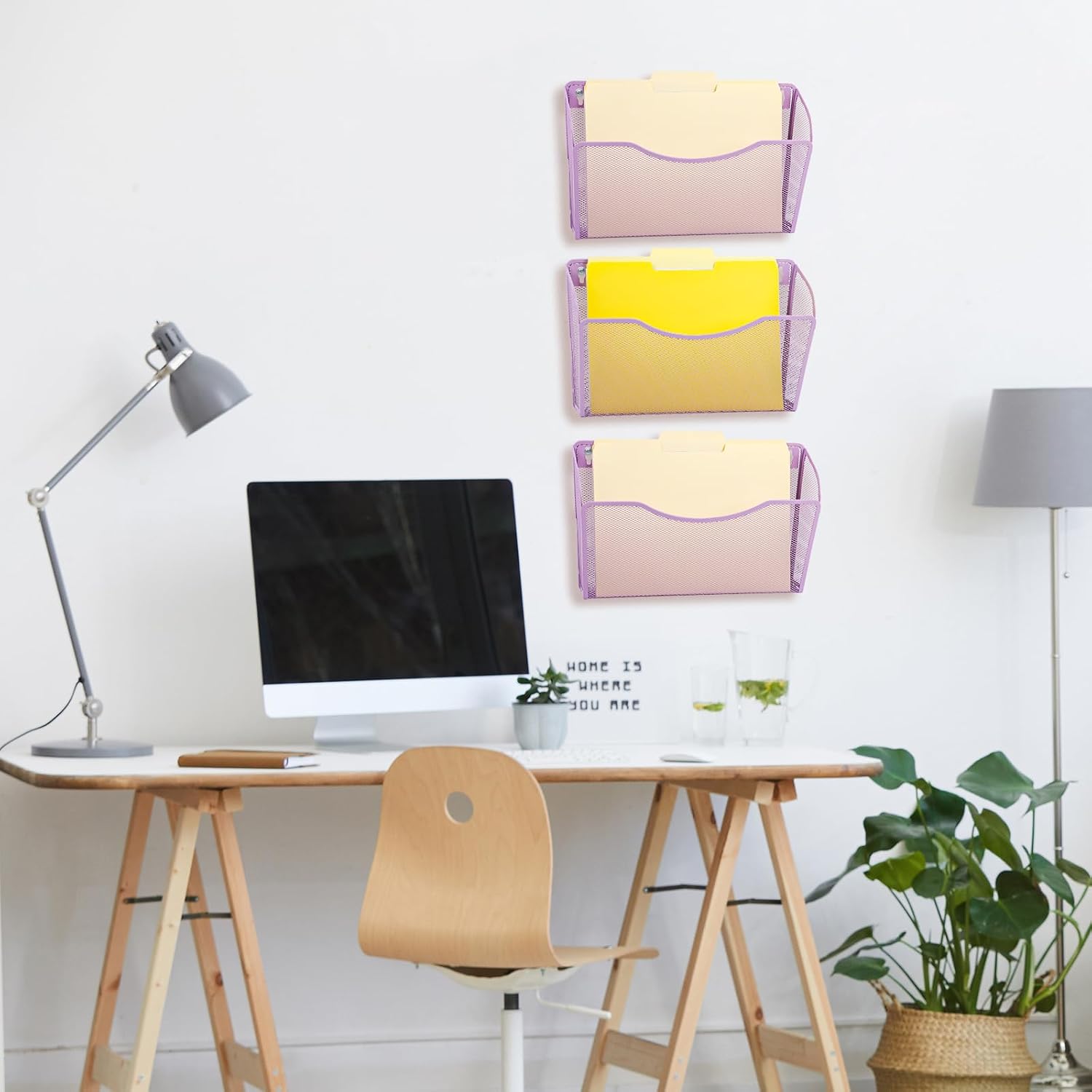 EASEPRES 3 Single Pocket Mesh Hanging File Organizer, Vertical Wall Mounted Magazine File Holder, Mount Basket Mail Paper Document Folder Organizing for Office, Home and School, Light Purple image 4