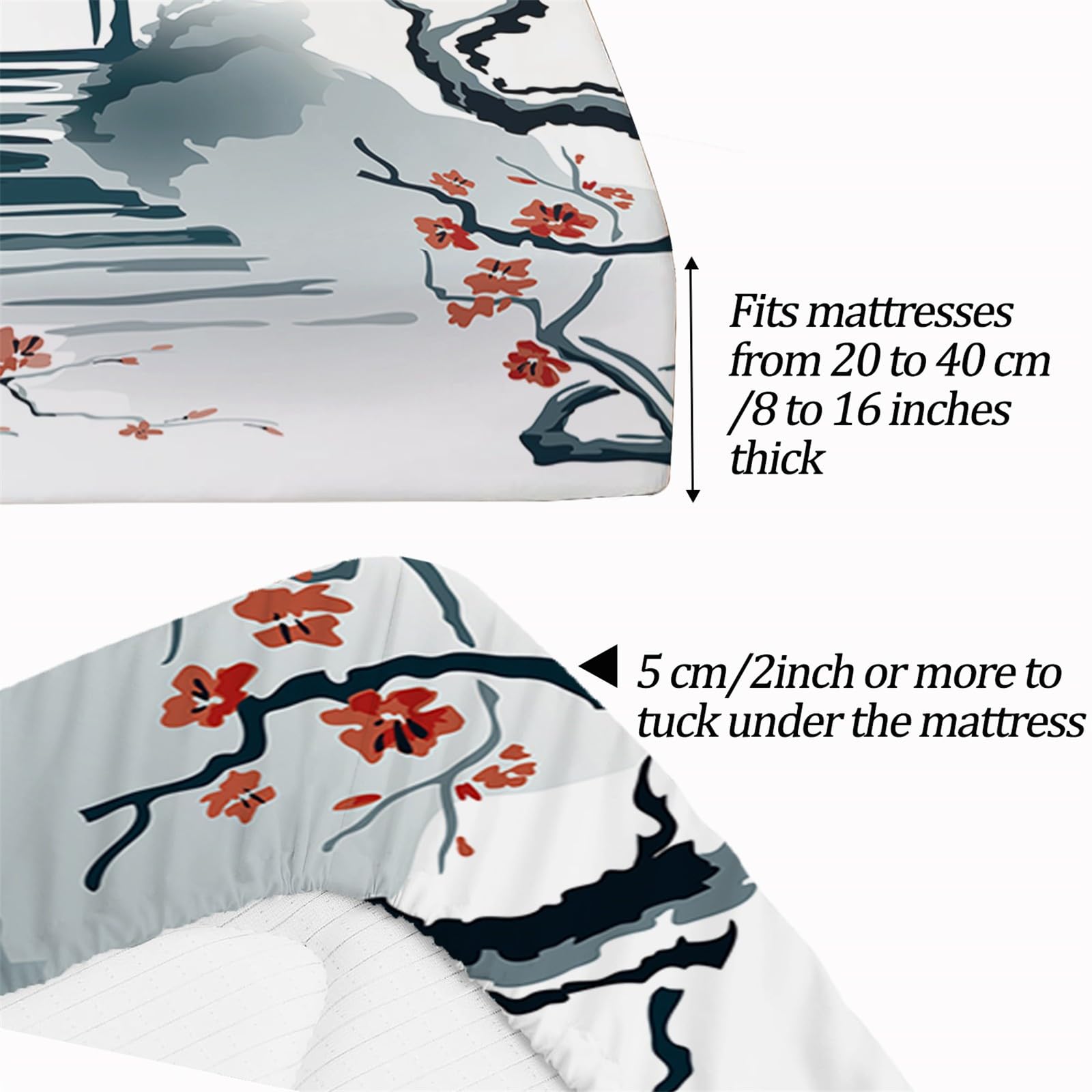 Drap Housse 160x200 cm, Motif Style Japonais de Fleurs de Cerisier Housse de Matelas, Enfants Protection de Matelas 30cm, Drap de lit, Doux Drap Housse Lavable Microfibre avec Taies d'oreiller x2