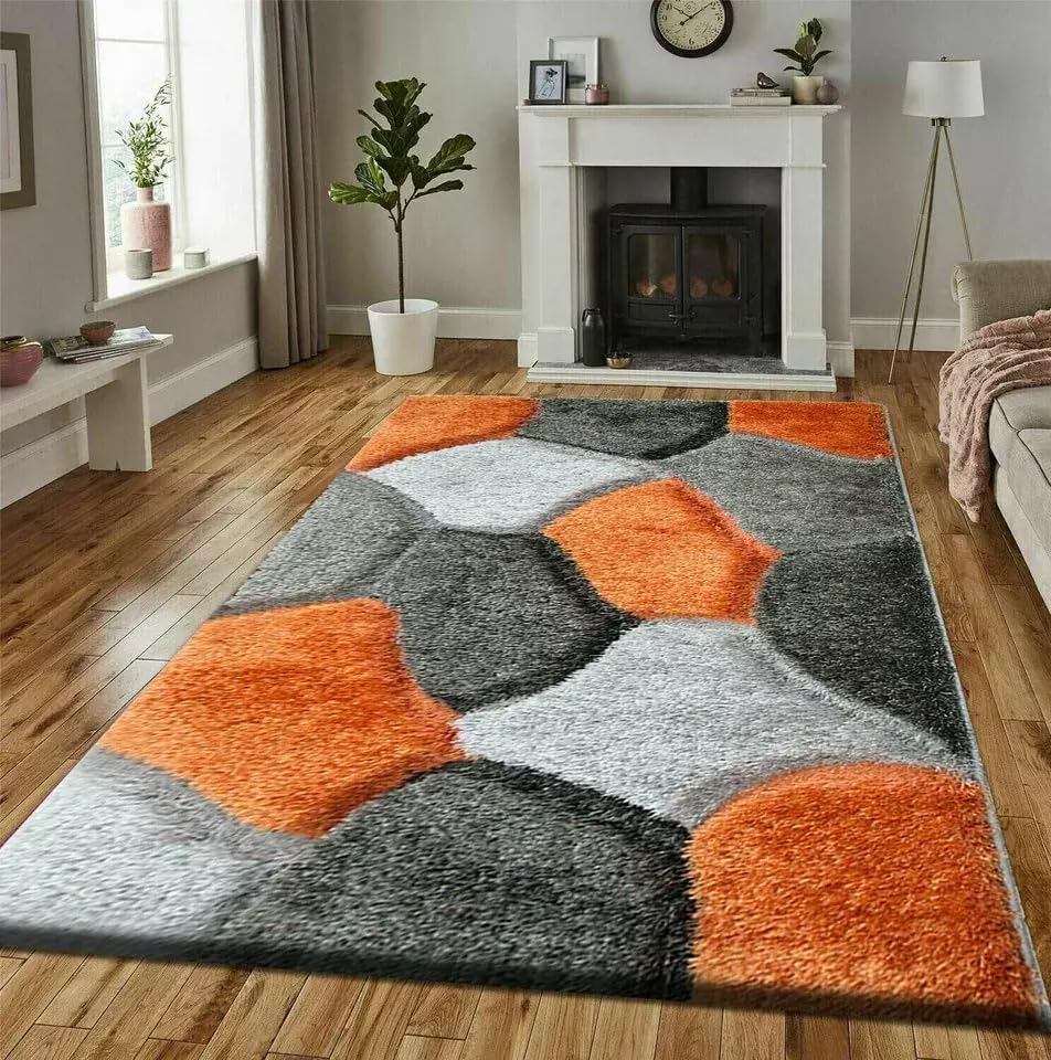 Online Bedding store Area Rugs – luxury Beautiful Pona Shaggy Modern Area Rugs - 3D Design carpet for hallway Non Slip Rug (Orange-Grey, 80 x 150 cm)