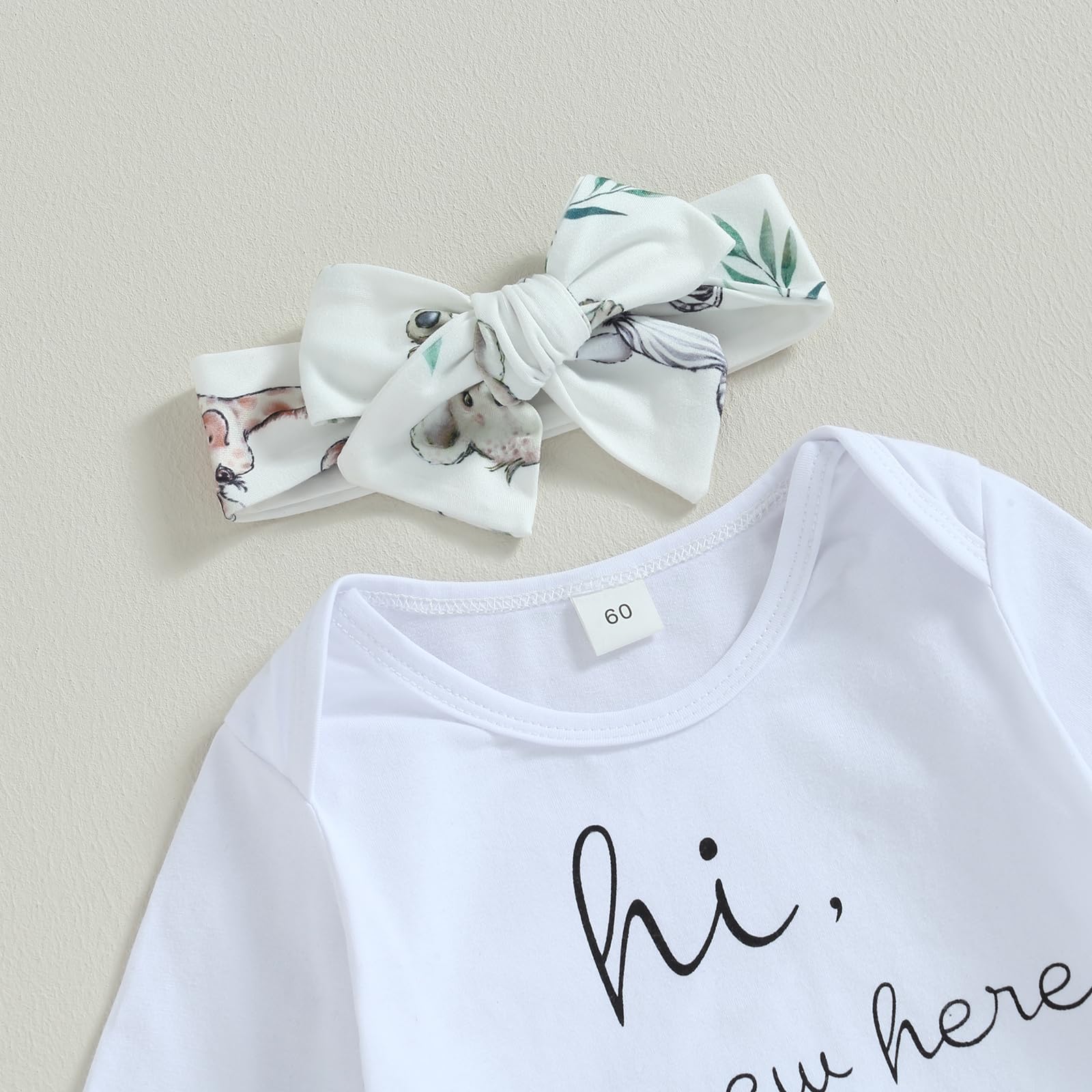 Muasaaluxi Newborn Baby Girl Boy Clothes Hi I'm New Here Romper Animal Long Pants Headband Hat Hospital Coming Home Outfit (White, Newborn)