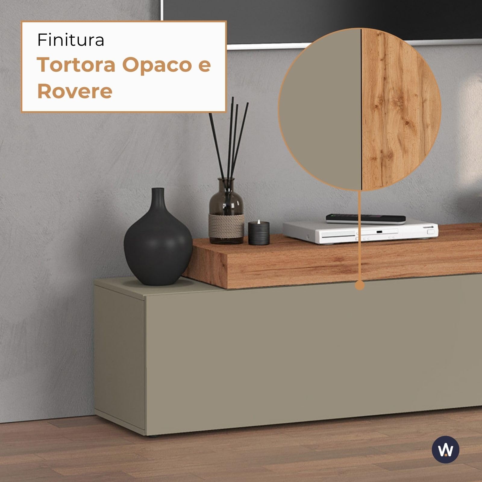 WHOUS Mobile Porta TV CHRONOS per Soggiorno con 1 Anta a Ribalta, Mobile Tv Regolabile per Salotto in Legno, 190/350x40x51 cm, Tortora Opaco e Rovere