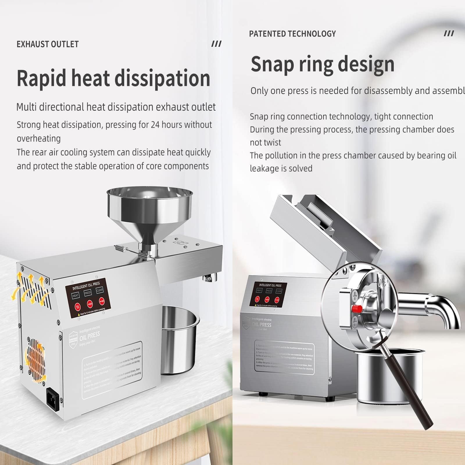 Prensa de Aceite eléctrica, Acero Inoxidable, Control de Temperatura Inteligente, Pantalla LED, Plegable, Prensa de Aceite Caliente y frío para Uso doméstico.
