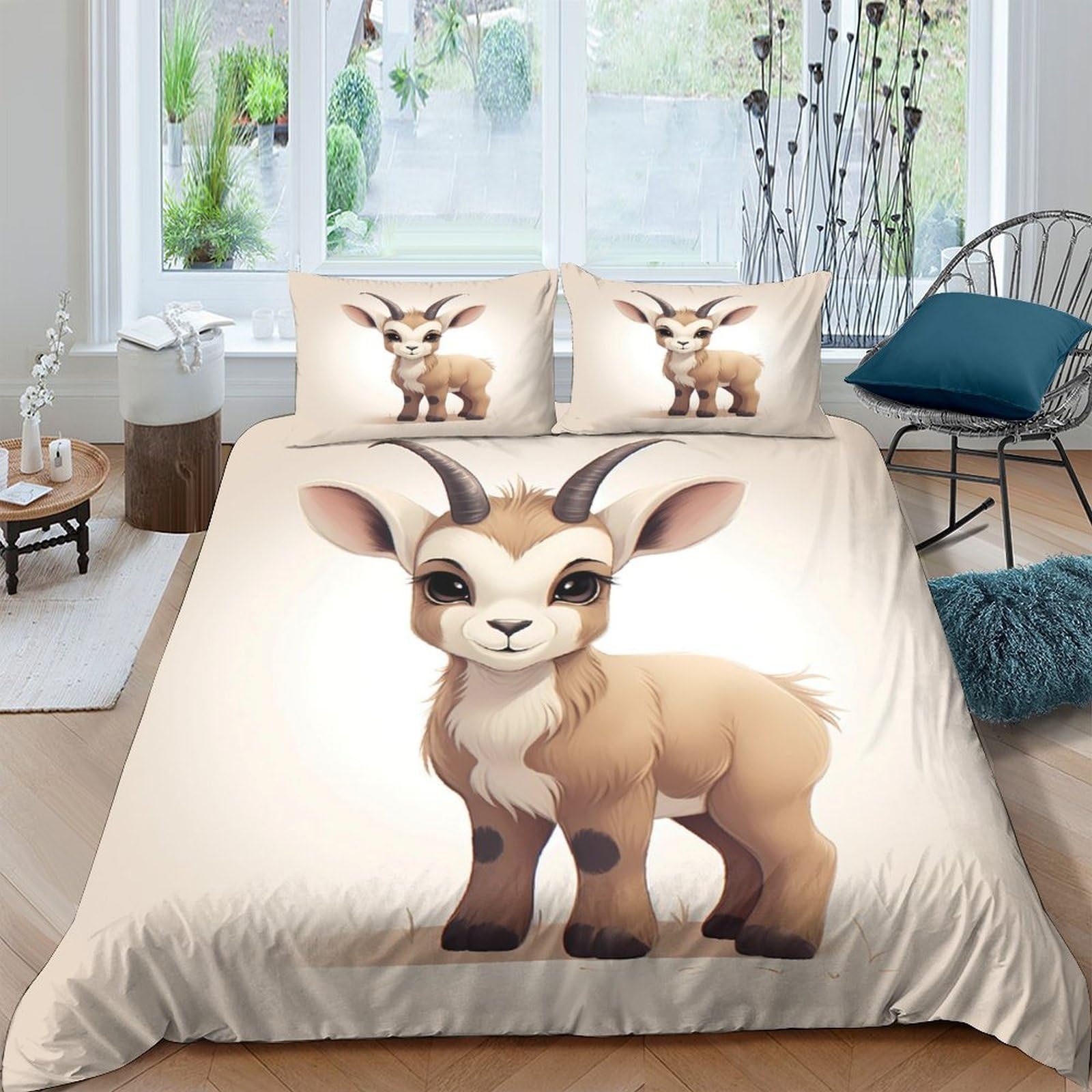 GPLZQXKJNH 3D Printed Baby Goat Animal Duvet Cover Microfiber Soft Breathable Cartoon Farm Bedding Set with 2 Pillowcases for Bedroom Decor, Suitable for All Seasons Single（135x200cm）