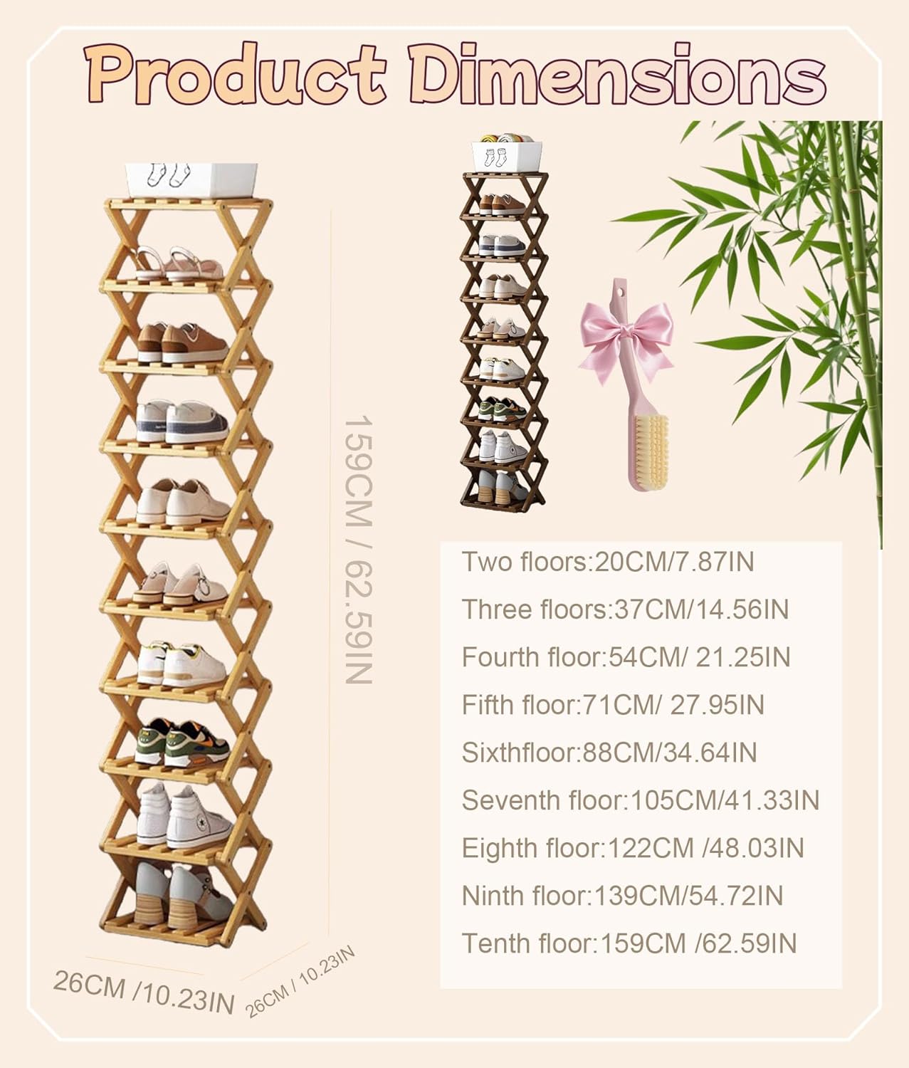 9 Tier No Assembly Bamboo Bookshelf 2026 Upgraded Foldable Shoe Organizer Space-Saving No Assembly Narrow Shoe Shelf for Entryway Closet Dorm 2-9 Tiersprimary Color,Third Floor