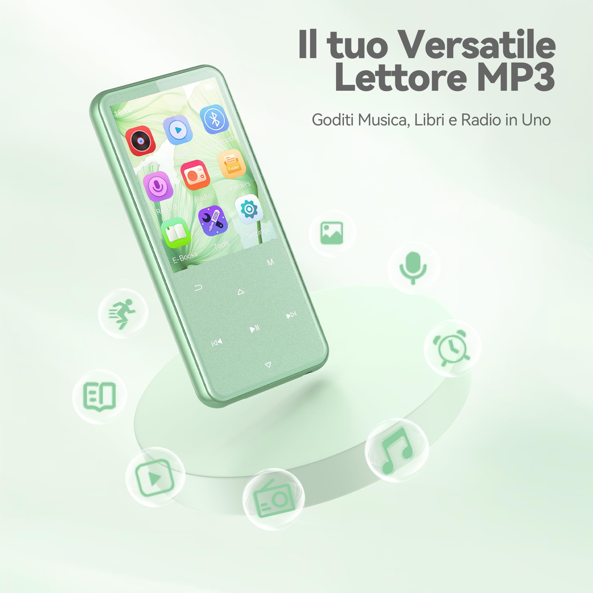 AGPTEK Lettore MP3 Bluetooth 5.3, Lettore Musicale da 64 GB in Metallo, Schermo da 2,4", Qualità Sonora HiFi, MP4 con Pulsanti Touch, Altoparlante, Radio FM, Registratore, 60 Ore di Musica, Verde