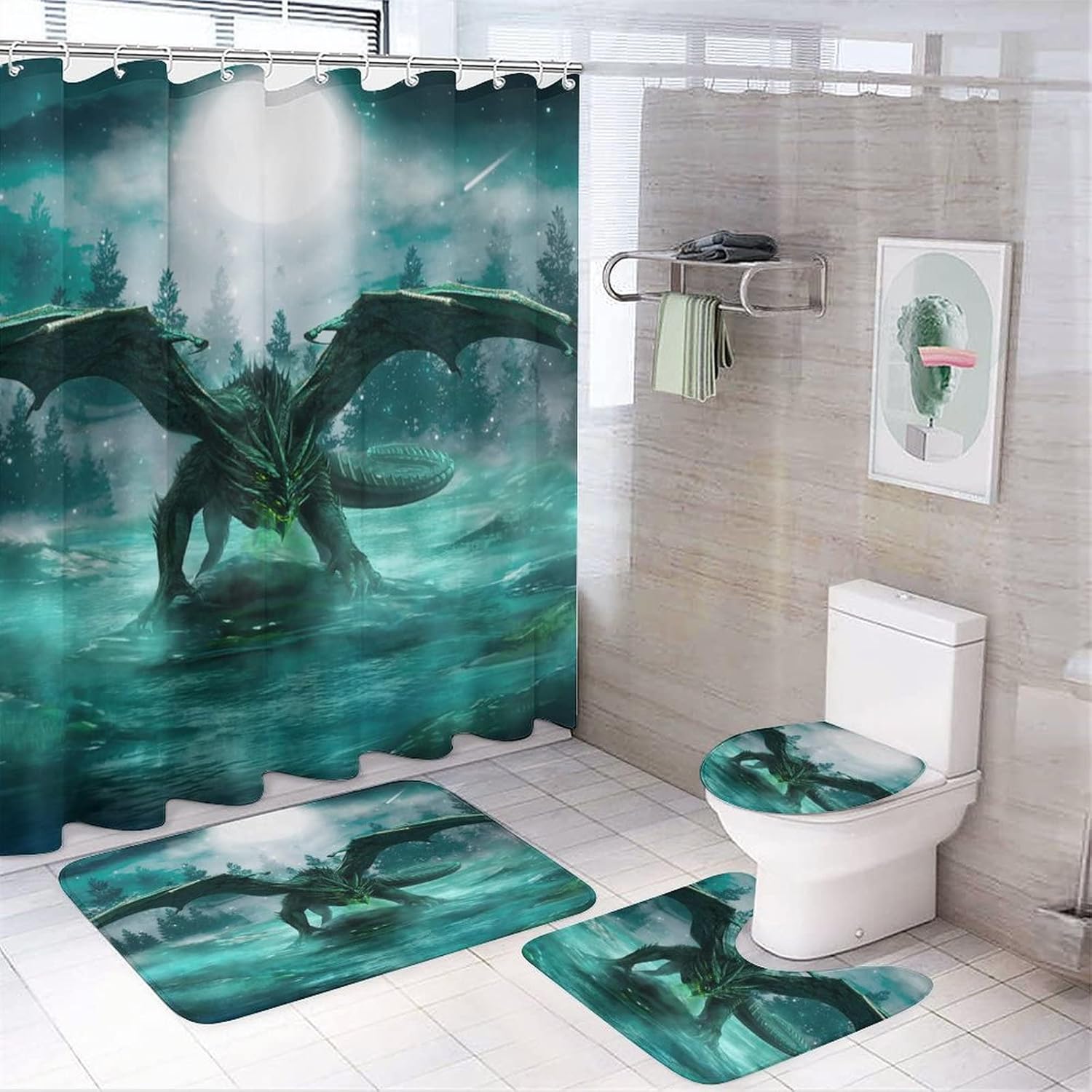 Fantasy Dragon Forest 4 Piece Shower Curtain Sets, Non-Slip Rugs, Toilet Lid Cover and Bath Mat, Durable and Waterproof, for Bathroom Decor Set One Size