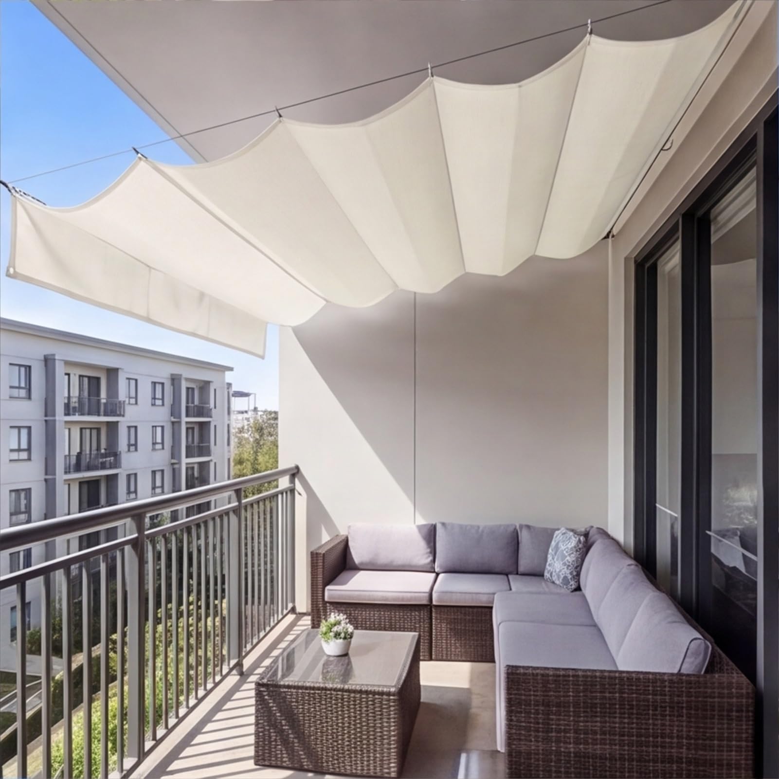 Einziehbares Sonnensegel 0.8 x 6.2 m mit Ösen Und Kordel Wellenmarkise Verstellbar Schutz Uv-Schutz & Reißfest für Markise Terrasse Deck Hof Veranda Pavillon, Elfenbein