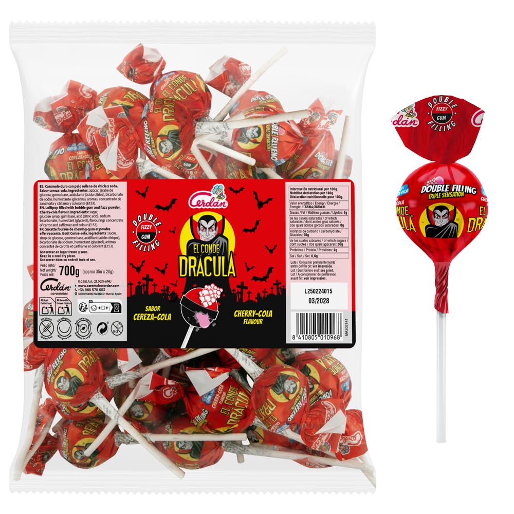 Caramelos Cerdán - Chupas Conde Drácula Cereza y Cola Doble Relleno Gigante de Pica Pica y Chicle | 35 Unidades, Triple Sensación, Sin Gluten ni Alérgenos | Ideal para Halloween, Fiestas y Cumpleaños