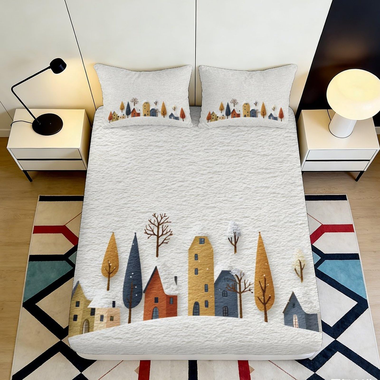 Pnayamiorkfel Style-1 3D Printed Autumn Village Fitted Sheet Microfiber Soft Breathable Winter Landscape Bed Cover For Bedroom Dorm Decor 90X200x25cm