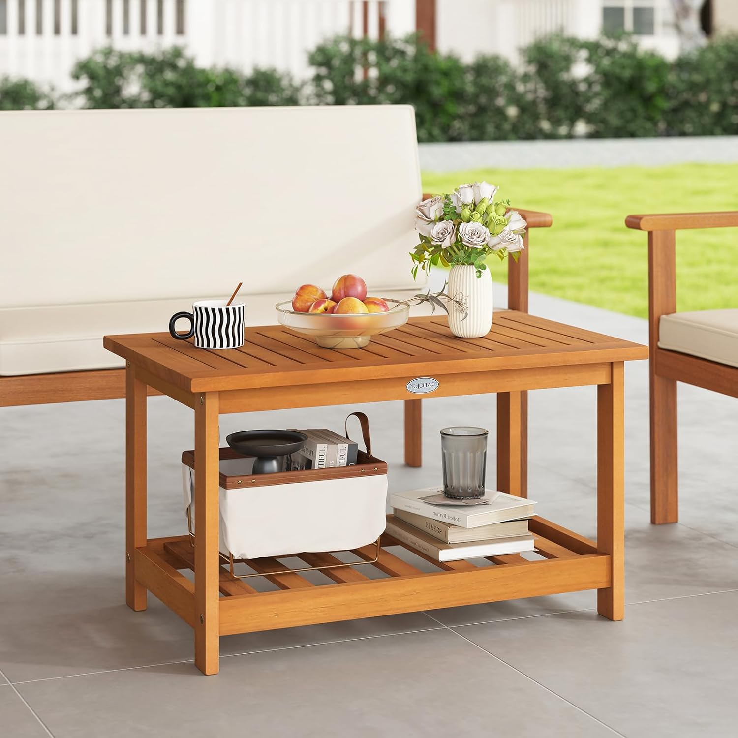 Tangkula Outdoor Acacia Wood Coffee Table, Patio 29.5” Rectangle Slatted 2 Tier Coffee Table with Storage Shelf, for Outside Balcony Patio Poolside