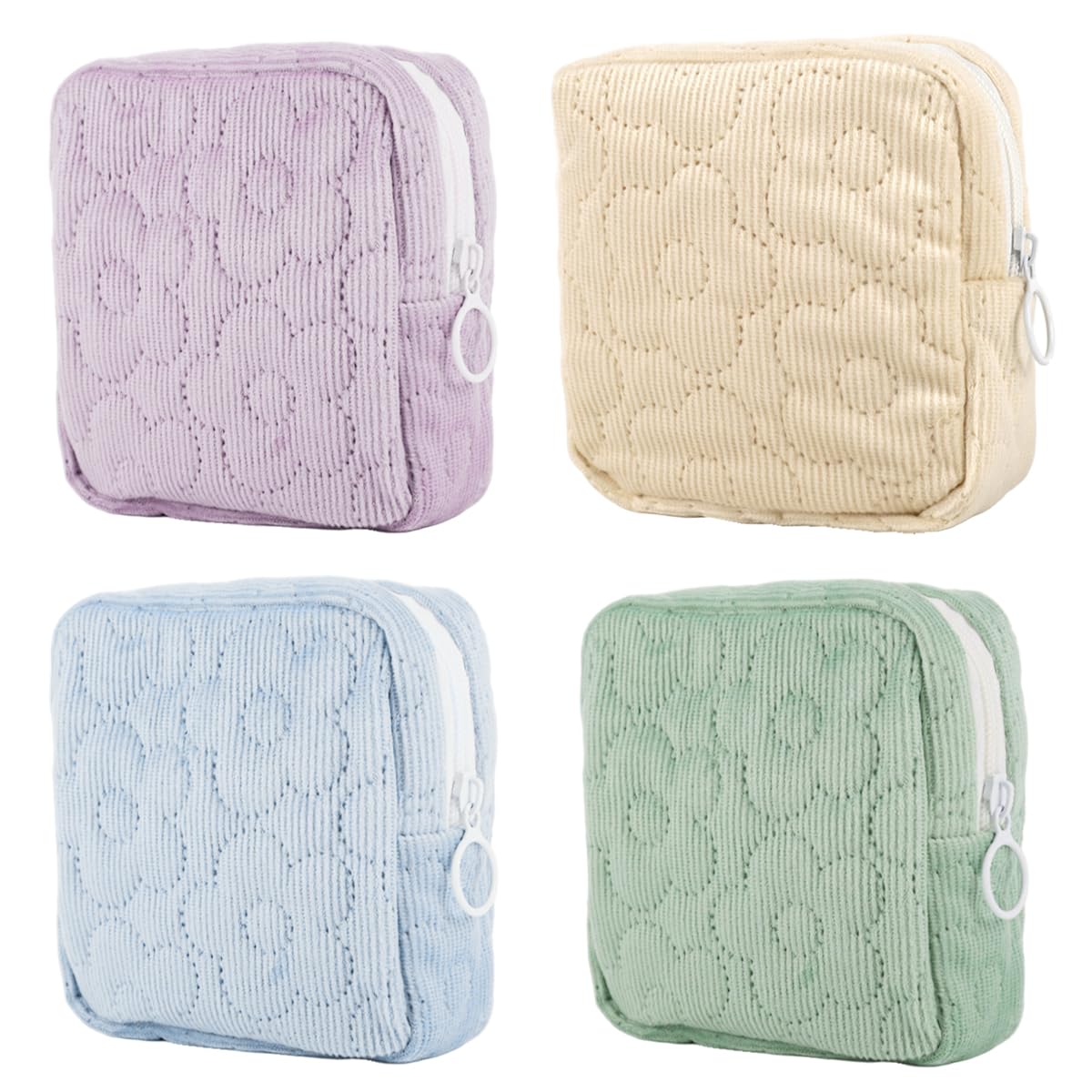 MAYCREATE® 4Pcs Fashion Corduroy Pouch, 4-Color Small Cosmetic Zipper Pouch Makeup Bag Floral Quilting Travel Bag Sanitary Pads Storage Bag-image-0